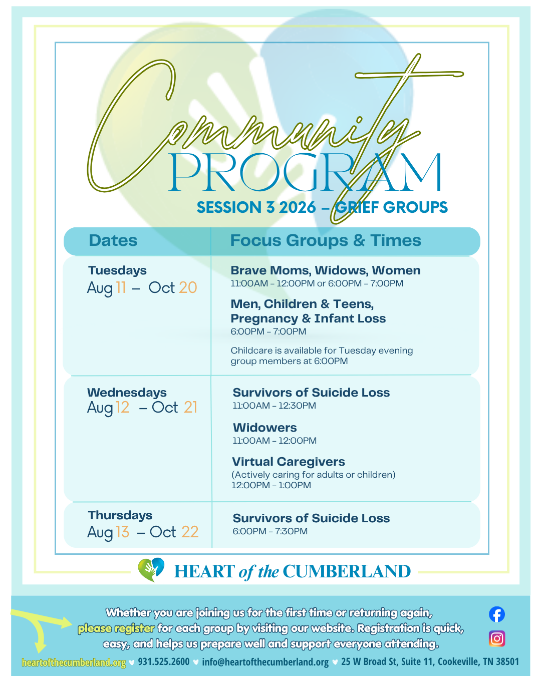 Grief Support Groups Community Schedule - Session 3 2026