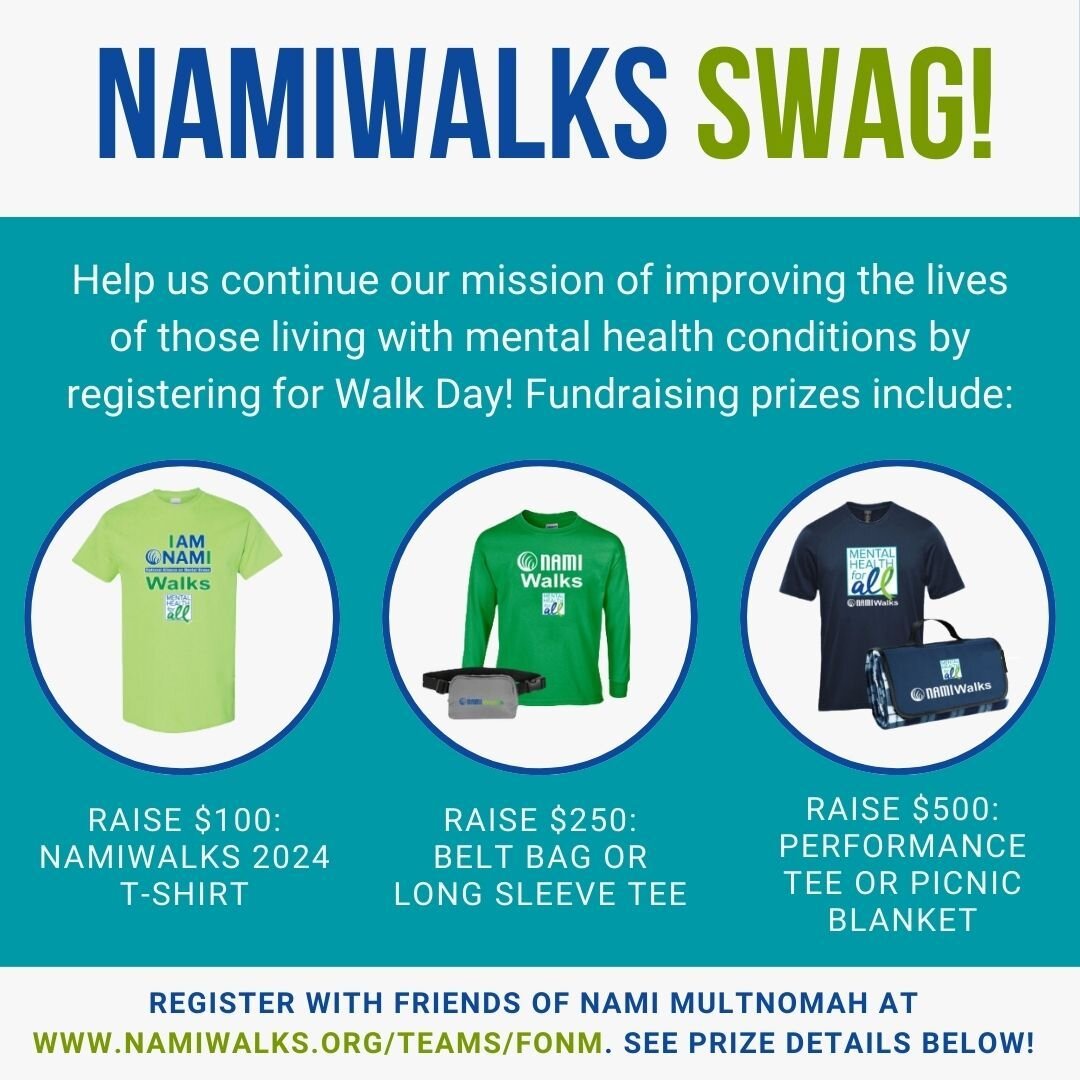 Get a jump start on this NAMIWalks season and register for Walk Day! You can join our team Friends of NAMI Multnomah through the link in our bio. 

Here is a sneak peak to some of the fundraising prizes we have in store for you all this year! 

- $10