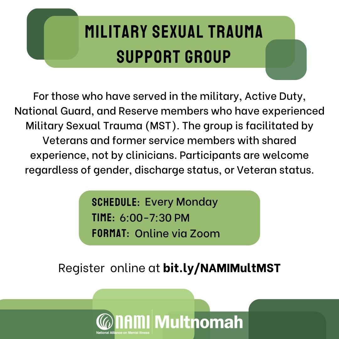Starting on Monday, our Military Sexual Trauma Support Group will be meeting weekly! Aside from the frequency, the rest of the group details remain the same.

🟢 Schedule: Every Monday
🟢 Time: 6:00-7:30 PM
🟢  Format: Online via Zoom

For more infor