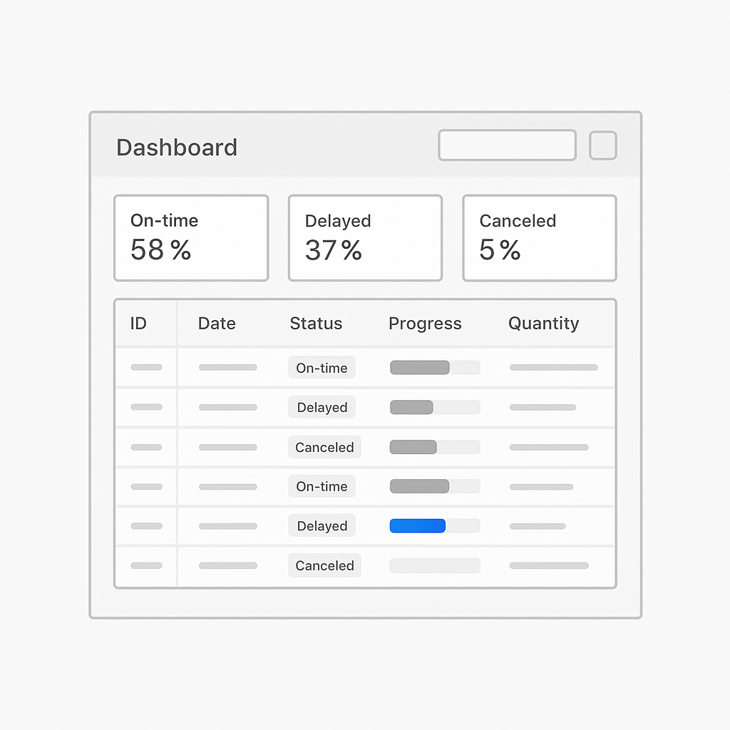A digital dashboard showing metrics of items, including on-time at 58%, delayed at 37%, and canceled at 5%. It displays a table with columns for ID, date, status, progress, and quantity, with various entries marked as on-time, delayed, or canceled, and progress bars indicating status levels.