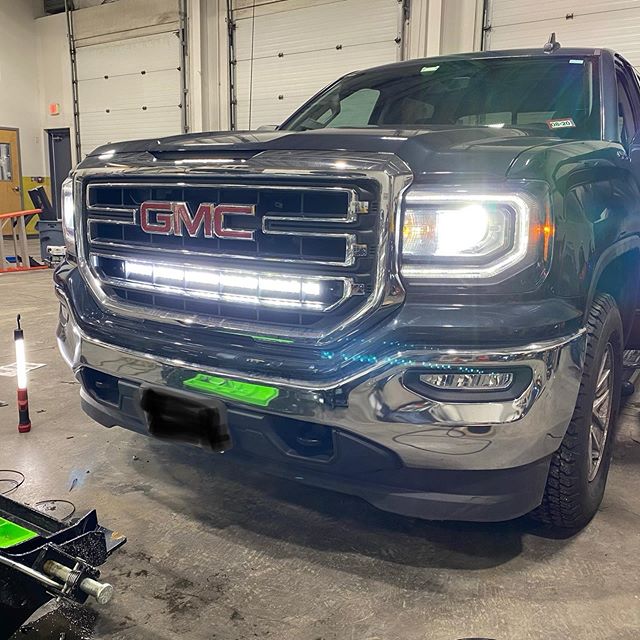 Awesome light bar kit from @roughcountry Fits 14-18 #silverado #sierra This truck had the  active grill shutters which we had to remove and relocate the motor so there was no issue with a CEL #led #lightbars #audiobarn #granitestate #seacoast #exeter