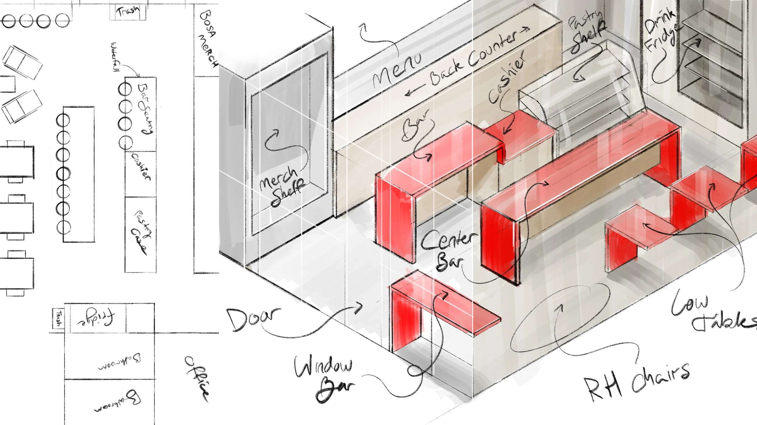  Early concept sketches for the store design. 