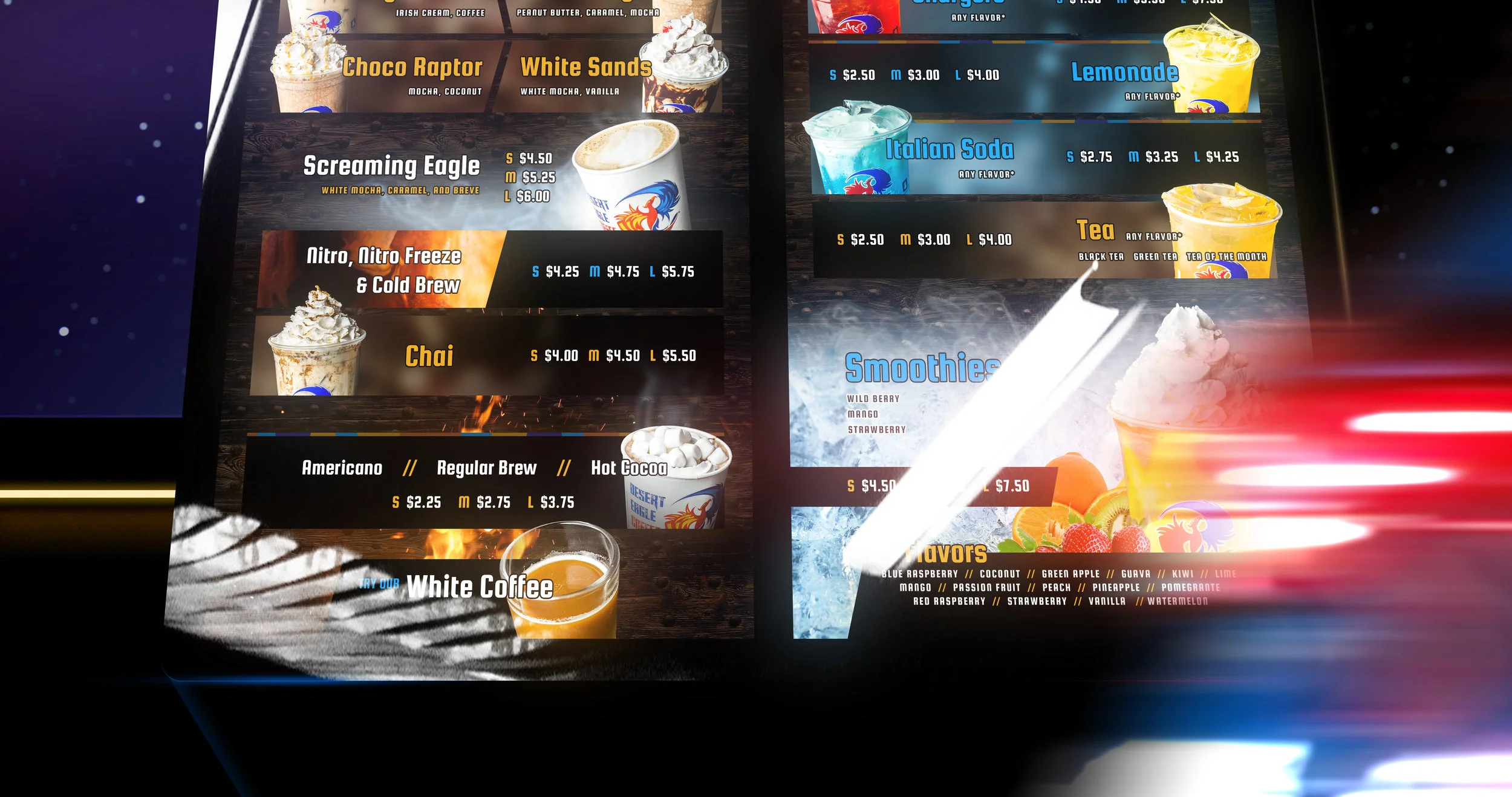  Brand application, photography, and menu design for Arizona based drive-through coffee shop. 