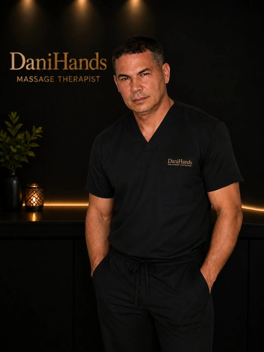 A man in black scrubs standing in front of a black wall with the logo 'DaniHands Massage Therapist.' The background has dim lighting, a plant, and a candle holder.
