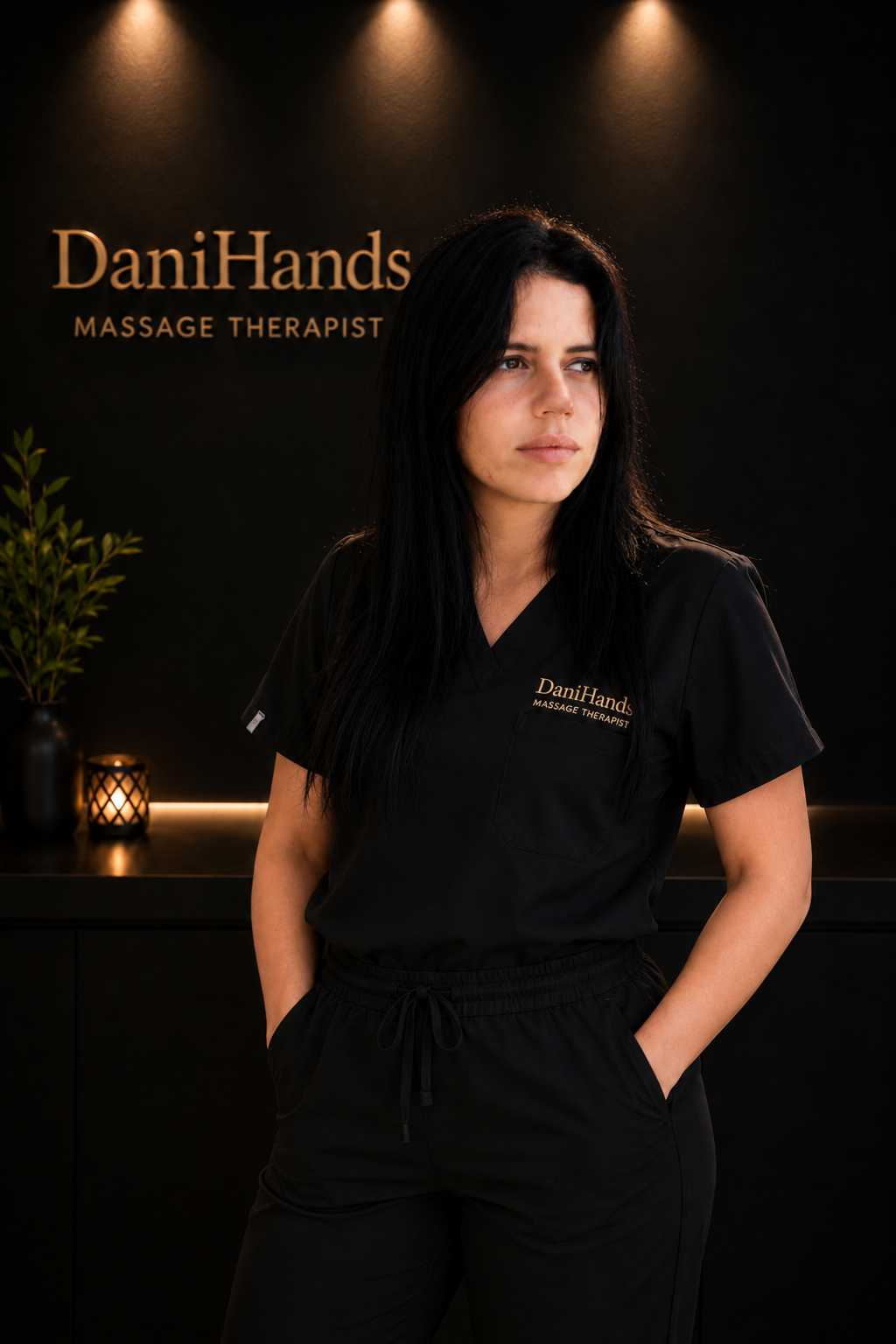 A woman with long black hair wearing black scrubs with the name 'DaniHands' and 'Massage Therapist' on the chest, standing in front of a black wall with gold lettering that says 'DaniHands Massage Therapist,' and a small plant and candle on a black countertop to her left.