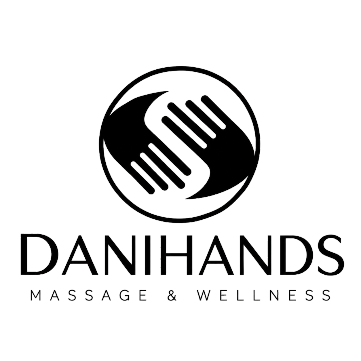 Logo for DANIHANDS Massage & Wellness featuring a circular emblem with stylized hands and the business name below.