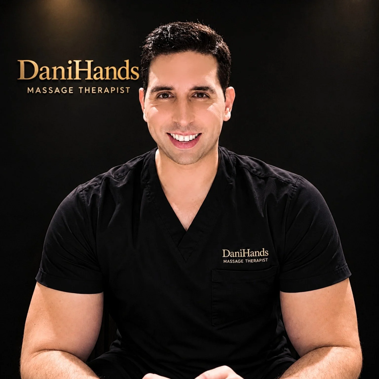 Portrait of a smiling man with dark hair, wearing a black uniform with the name 'DaniHands' and 'Massage Therapist' embroidered on it, against a black background.