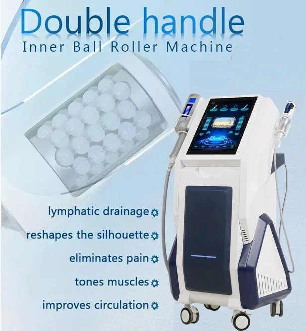 A promotional poster for a double handle inner ball roller machine, featuring a medical device with two handpieces and a display screen. The poster lists benefits such as lymphatic drainage, reshaping the silhouette, pain elimination, muscle toning, and improved circulation.