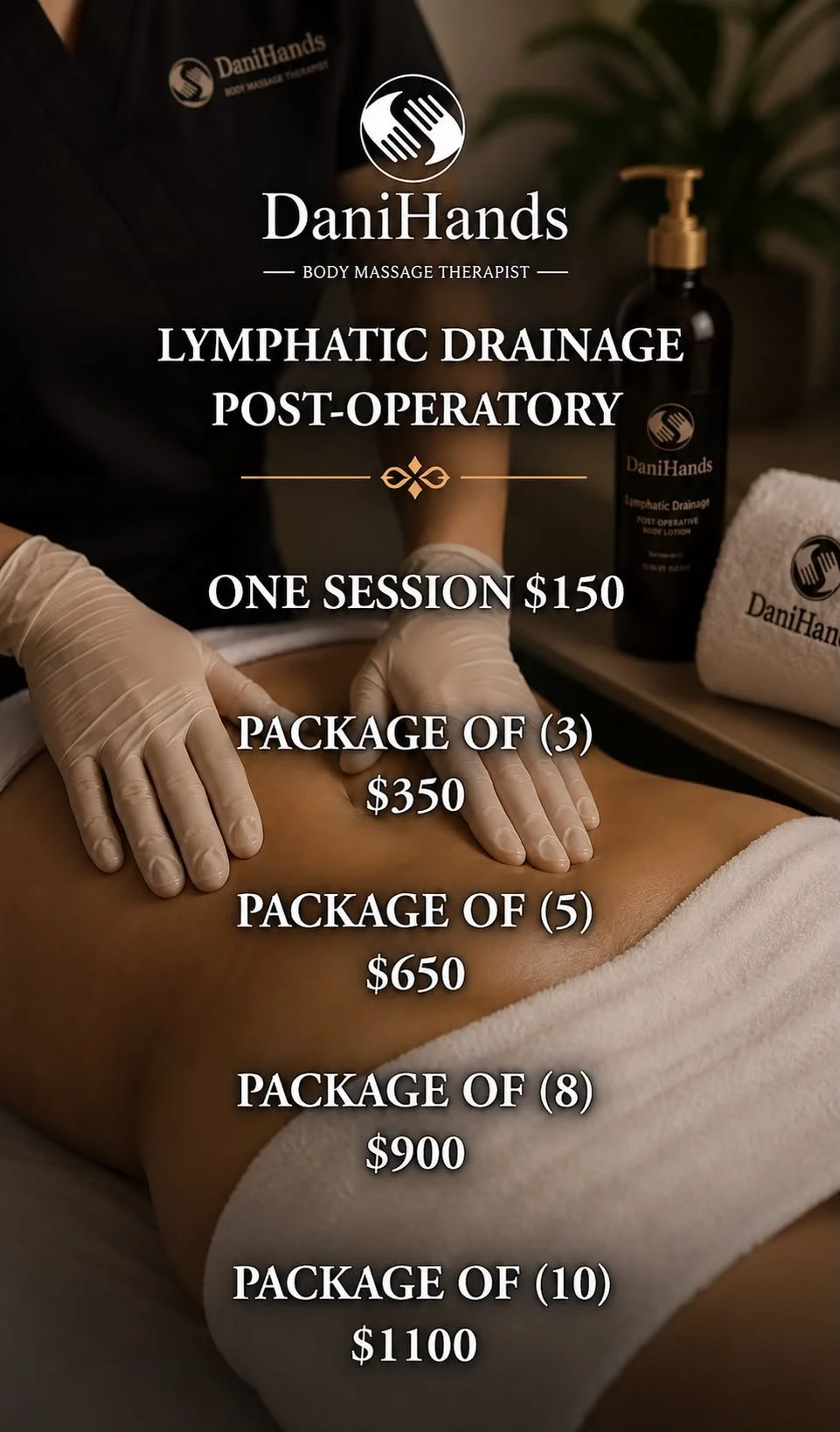 A promotional poster for DaniHands body massage therapy offers lymphatic drainage post-operative treatments. It shows a therapist performing a massage on a patient, with massage products in the background. Pricing options are listed for individual sessions and packages of 3, 5, 8, or 10 treatments.