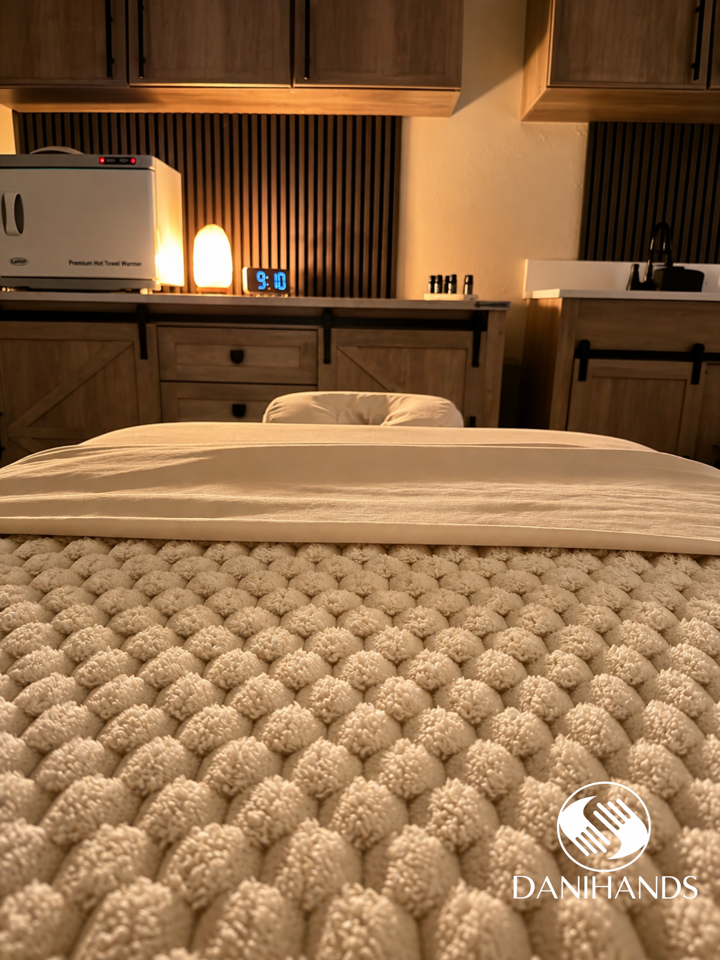 Close-up photo of a plush, textured blanket with a pattern of small, round, fluffy pom-poms in the foreground, with a bed and decorative elements faintly visible in the background.