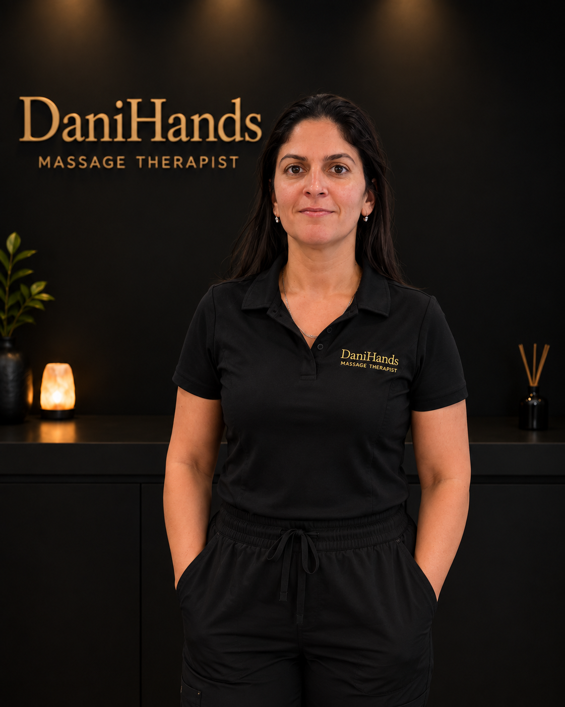 A woman standing in front of a black wall with a sign that reads 'DaniHands Massage Therapist.' She is wearing a black polo shirt with the same logo, and there is a plant, a salt lamp, and a diffuser on a counter behind her.
