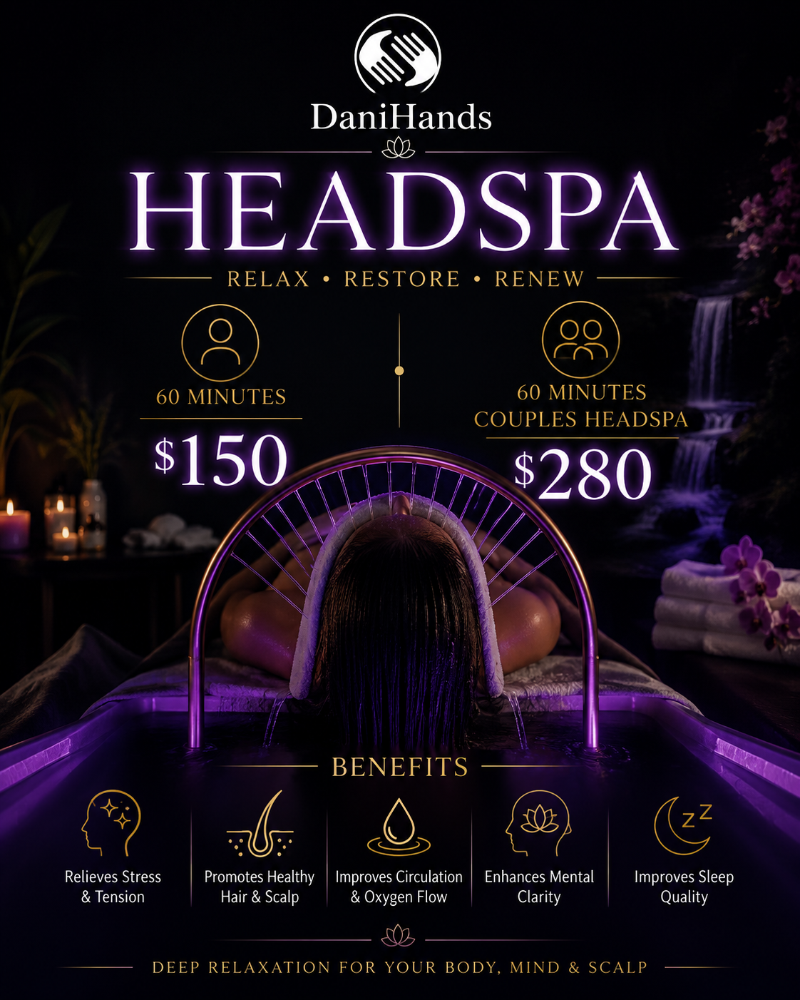 An advertisement for DaniHands HeadSpa featuring prices, durations, and benefits of individual and couples head spa treatments, with a dark background and purple accent lighting.