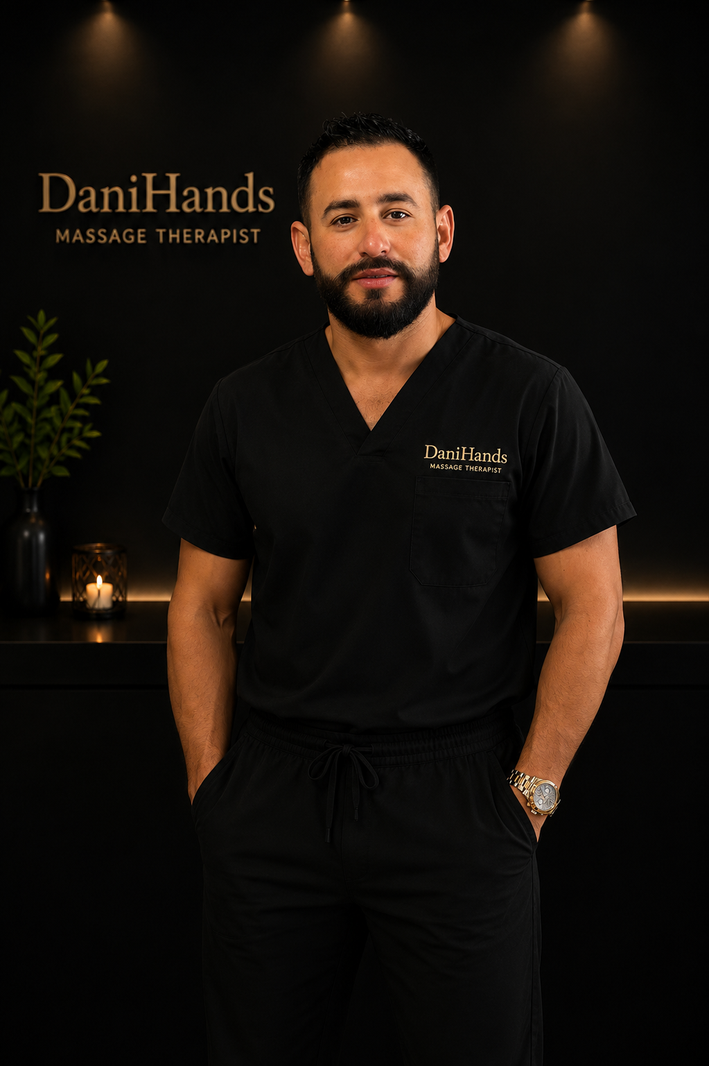 A man with dark hair and a beard wearing black scrubs that say Dani Hands Massage Therapist, standing in a modern, minimalist reception area with black walls, a green plant, and lit candles.