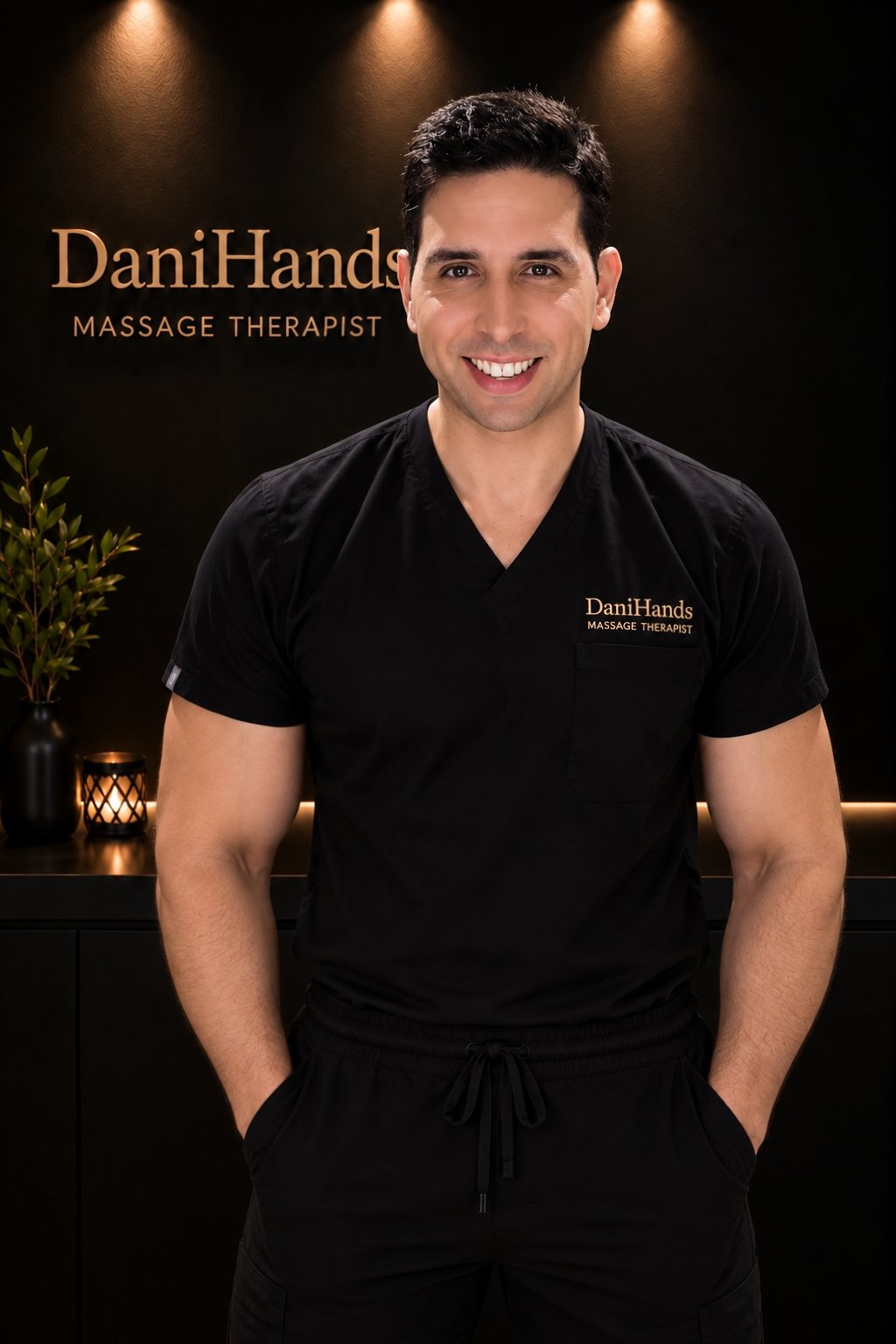 Smiling male massage therapist wearing black scrubs in a warmly lit studio with DaniHands Massage Therapist signage