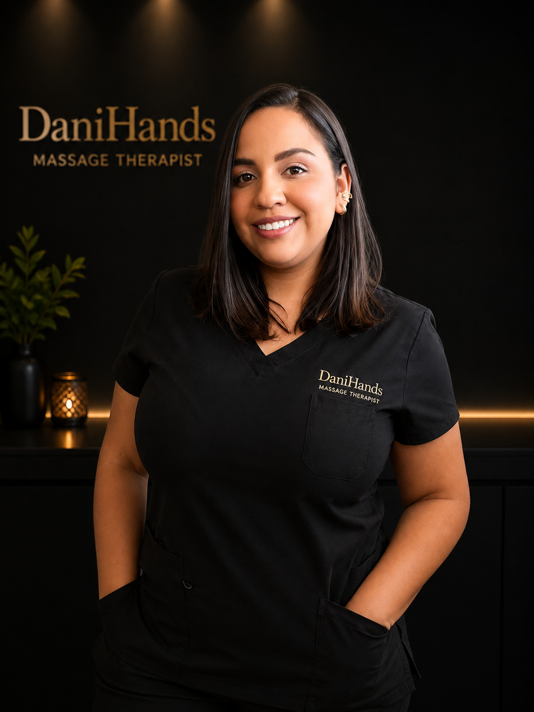 A woman with dark hair smiling, wearing a black uniform with 'DaniHands Massage Therapist' embroidered on it, standing in front of a dark background with a plant and candles.