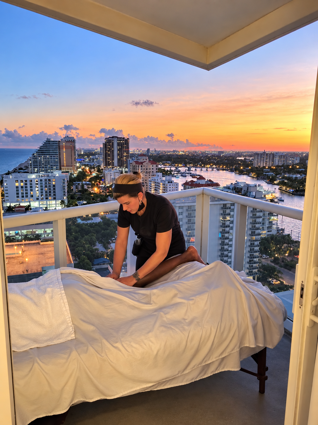 A woman providing a massage on a massage table on a balcony overlooking a city skyline at sunset.
