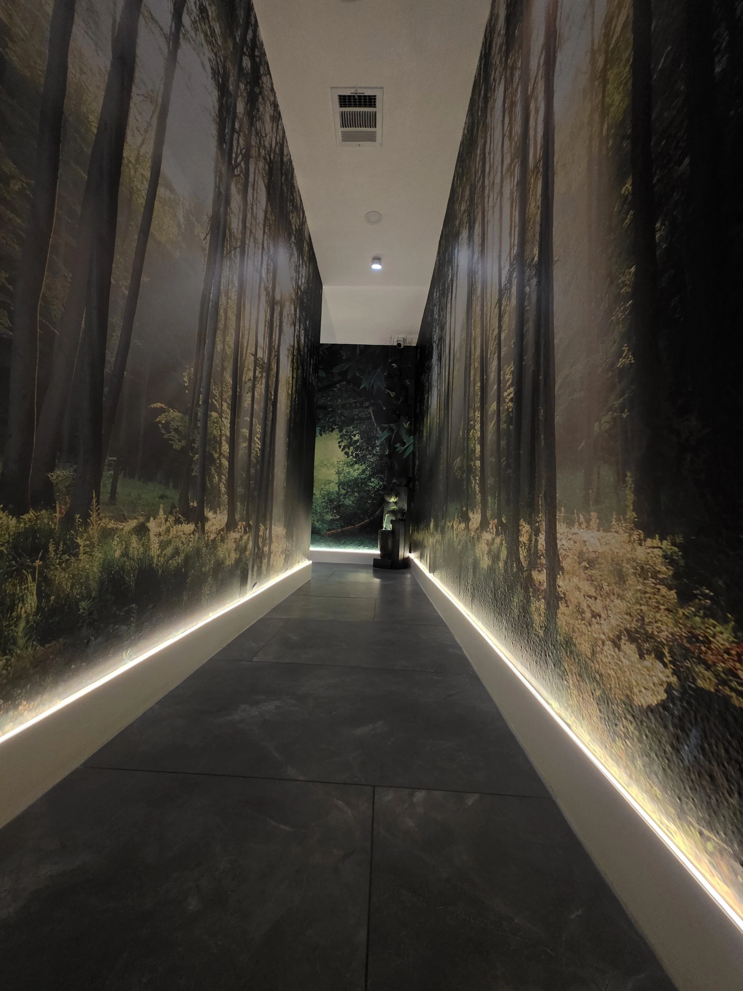 A narrow corridor with walls covered in forest mural, dark flooring, illuminated by LED strip lighting at the base of the walls and ceiling lights, leading to an exit at the end with natural light.