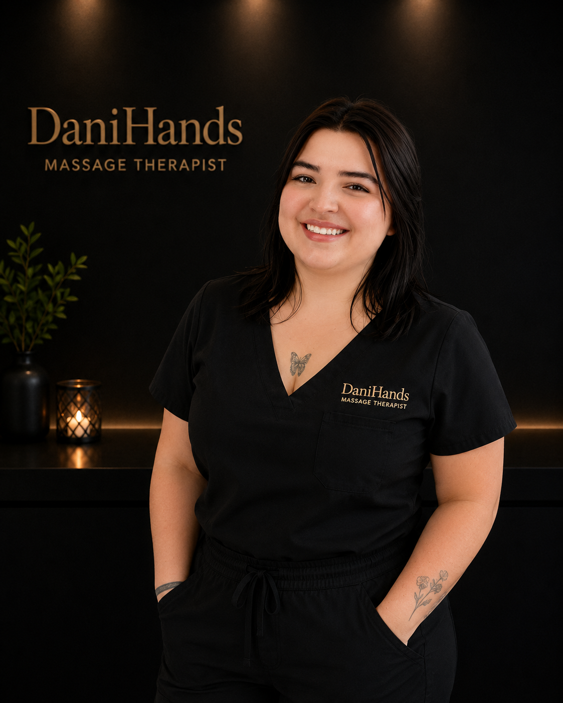 A woman with dark hair and tattoos on her chest and arm, smiling, wearing a black uniform with the names 'DaniHands Massage Therapist' embroidered on it, standing in front of a black wall with the same branding and a small plant and candle on a shelf.