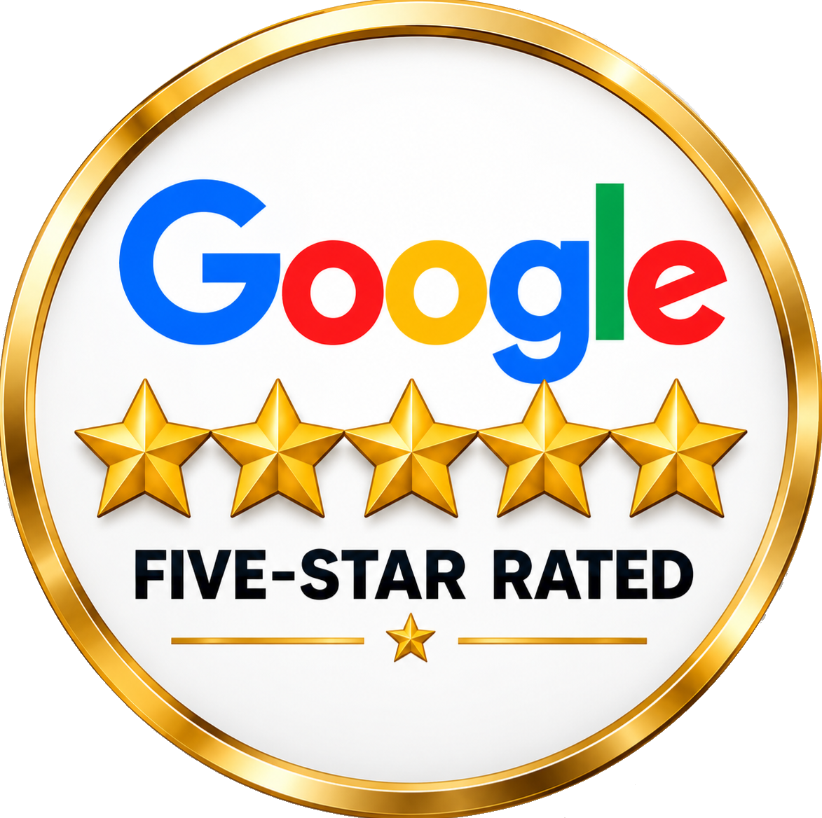 Google five-star rated badge with five gold stars and bold text in a circular gold-bordered design