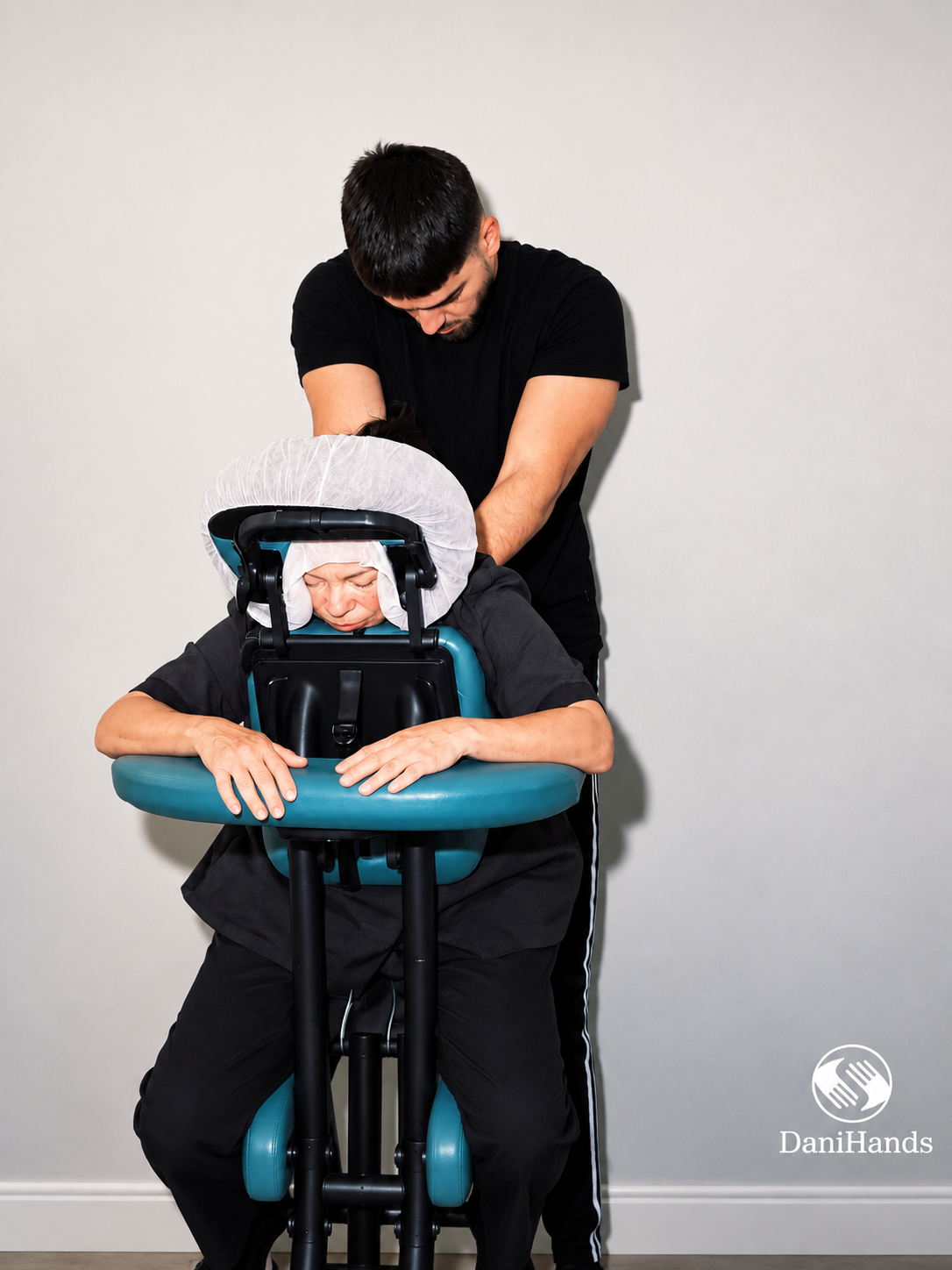 A man providing a massage to a woman sitting in a massage chair, wearing a head covering, against a plain wall background.