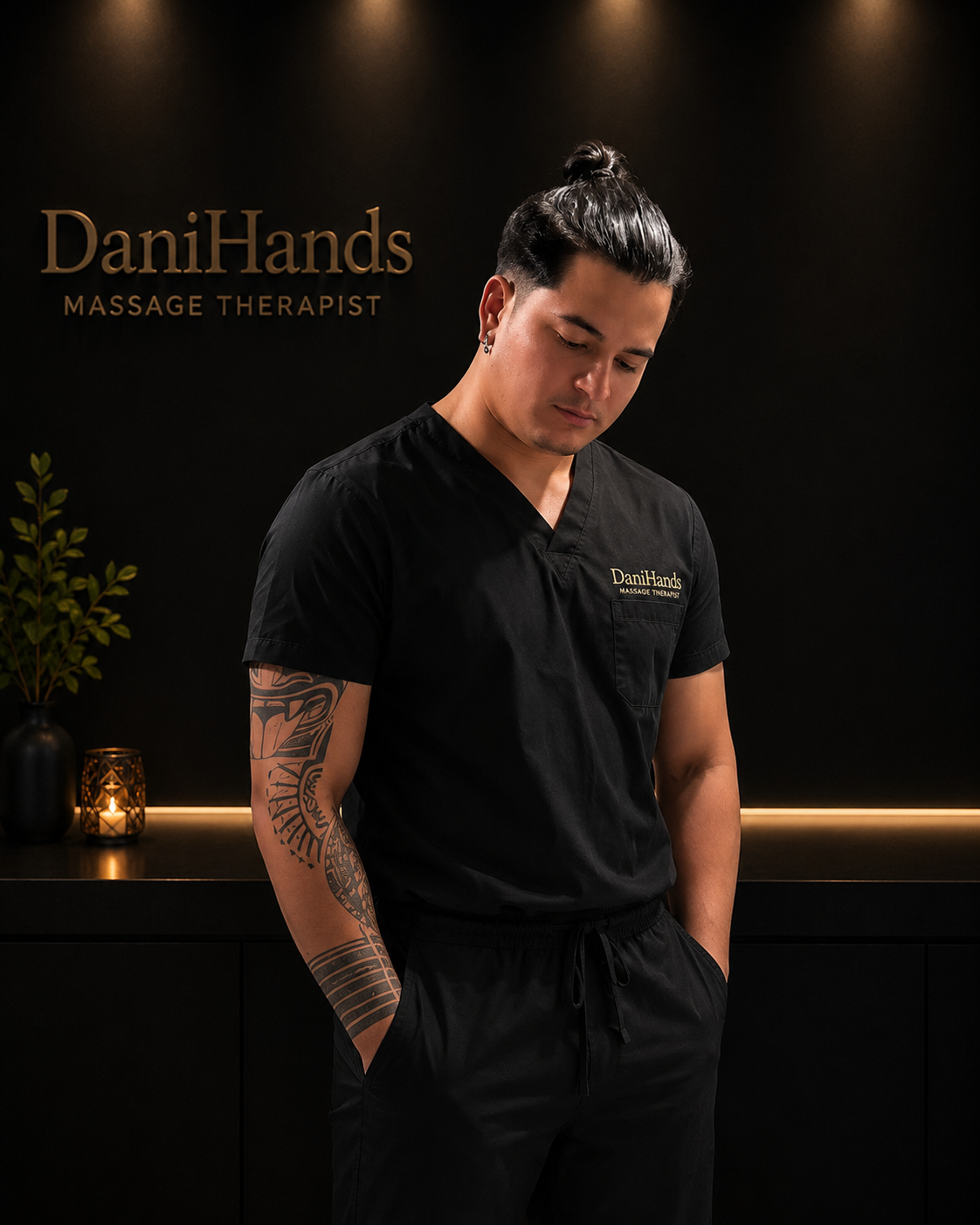 A man in black scrubs with a tattoo on his left arm, standing with hands in pockets in front of a dark background with the text 'DaniHands Massage Therapist' in gold lettering.