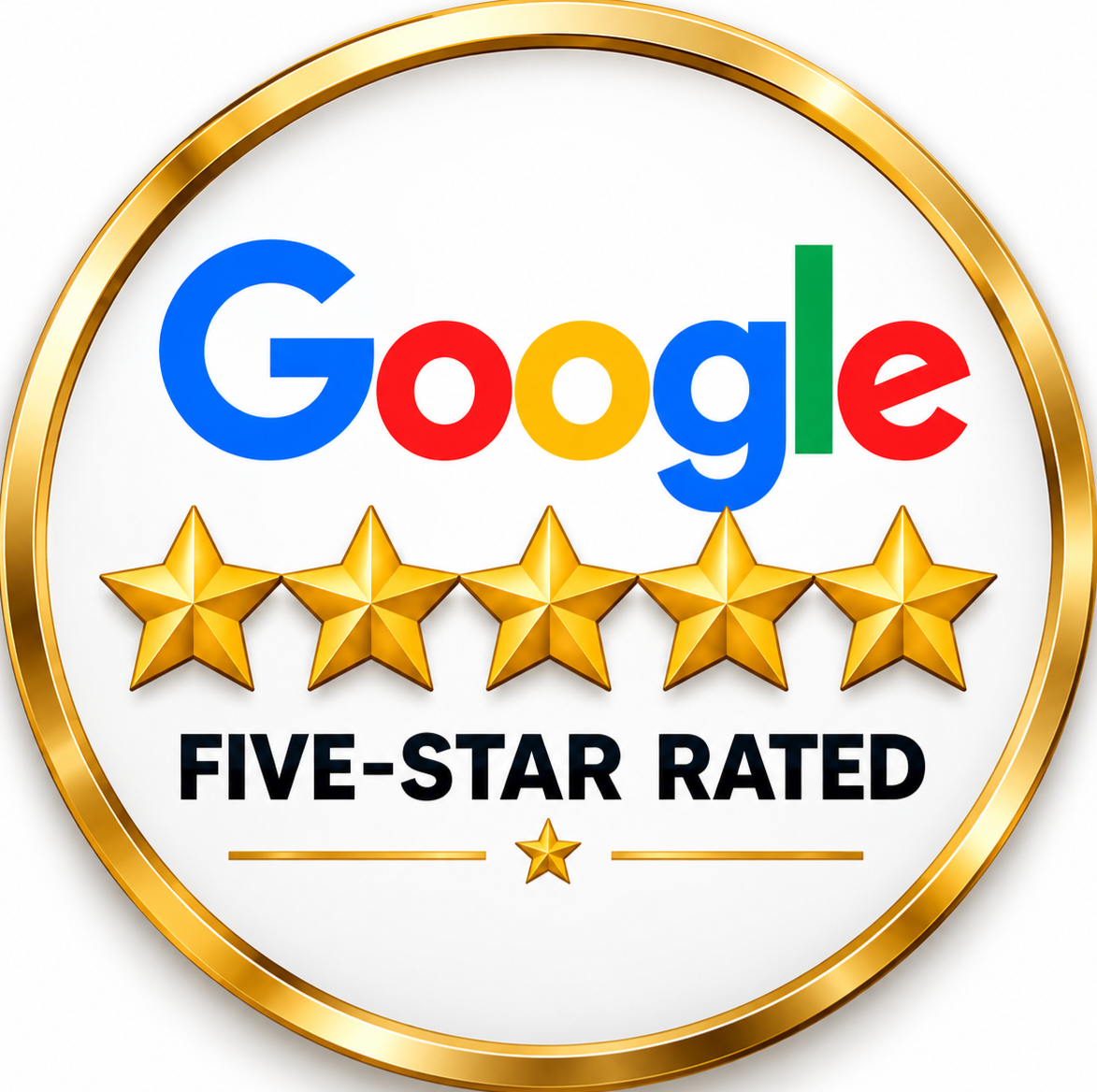 Google logo with five gold stars and text 'Five-Star Rated' inside a gold circular badge.
