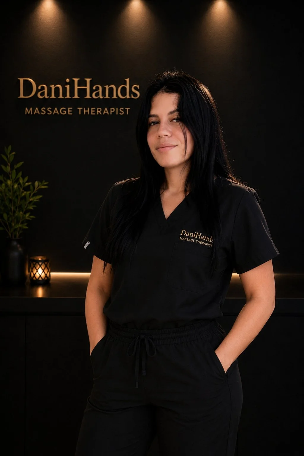 A woman with long black hair standing in front of a black wall with the text 'DaniHands Massage Therapist'. She is wearing a black uniform with her hands in her pockets, and there is a small plant and a candle on a surface behind her.