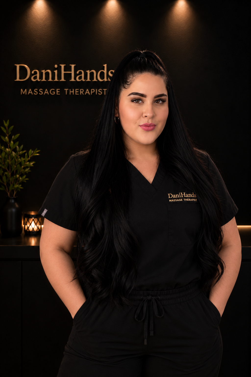 A woman with long black hair wearing a black Massage Therapist uniform standing in front of a dark wall with the sign 'DaniHands Massage Therapist' and a small plant on the side.