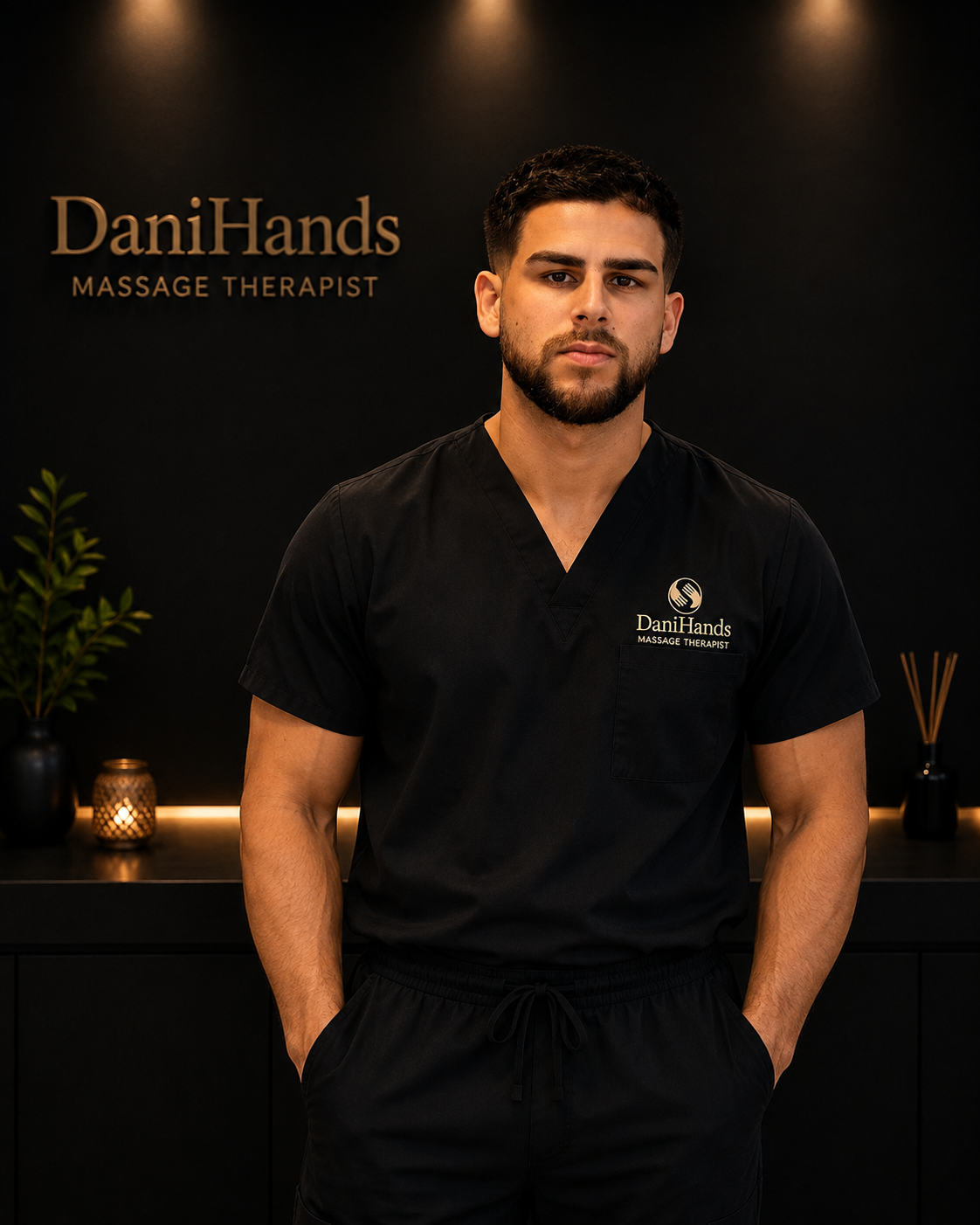 Portrait of a young man in black scrubs standing in a spa or massage therapy clinic. Behind him is a sign that reads 'DaniHands Massage Therapist' and some decor, including a plant, a candle, and reed diffusers, on a dark countertop.