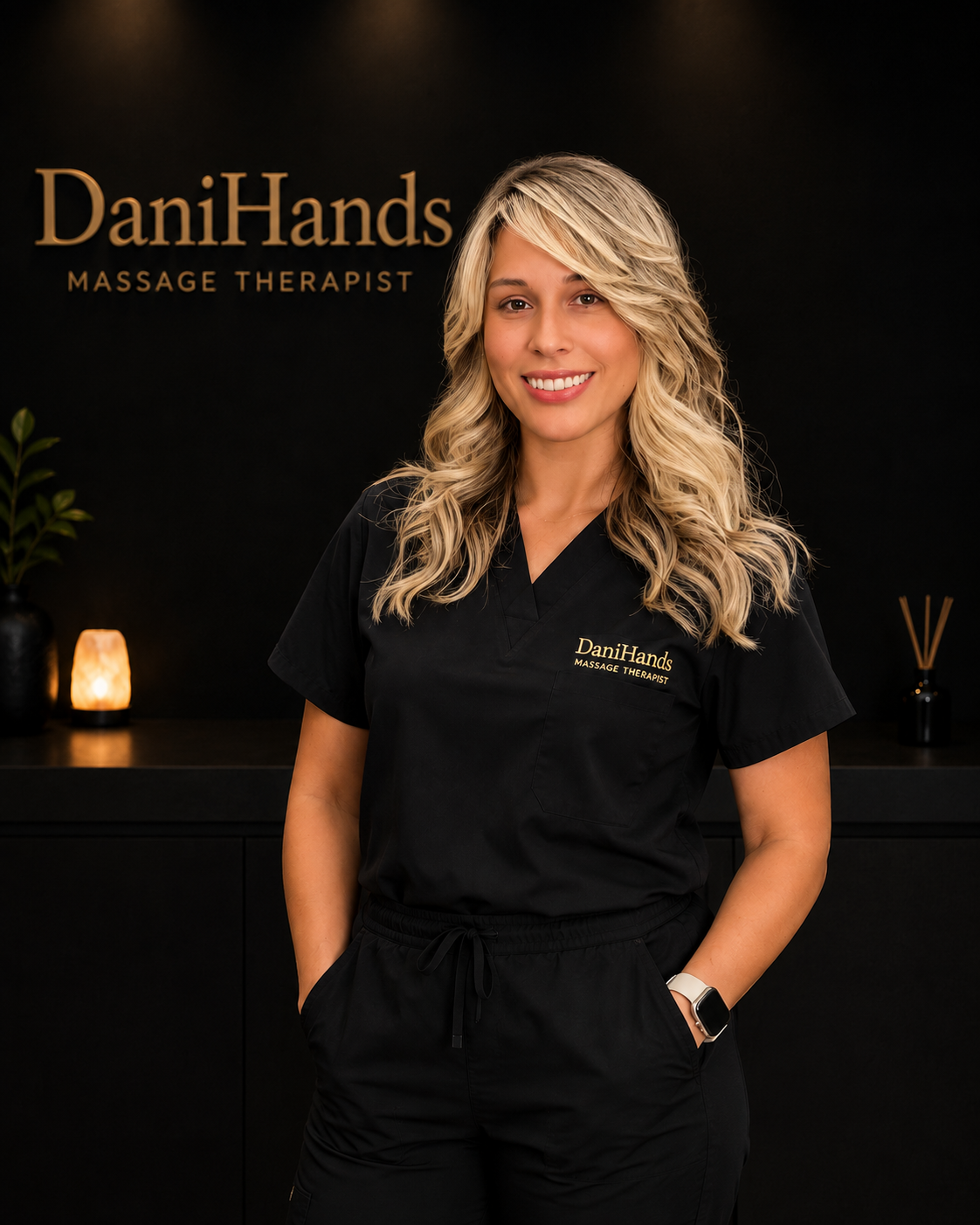 A woman with long blond curly hair wearing a black massage therapist uniform with 'DaniHands' embroidered on it, standing in front of a black wall with the text 'DaniHands Massage Therapist'. She is smiling and has her hands in her pockets, with a smartwatch on her left wrist. In the background, there are small decorative candles and plants.