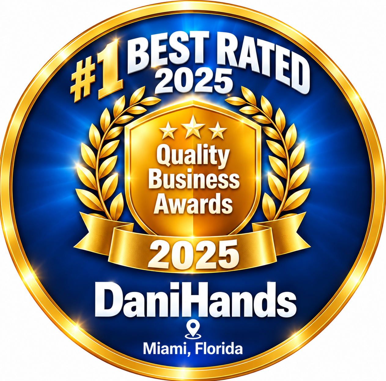 Circular badge with a gold and blue design. It states '#1 Best Rated 2025 Quality Business Awards 2025 Danihands Miami, Florida'.