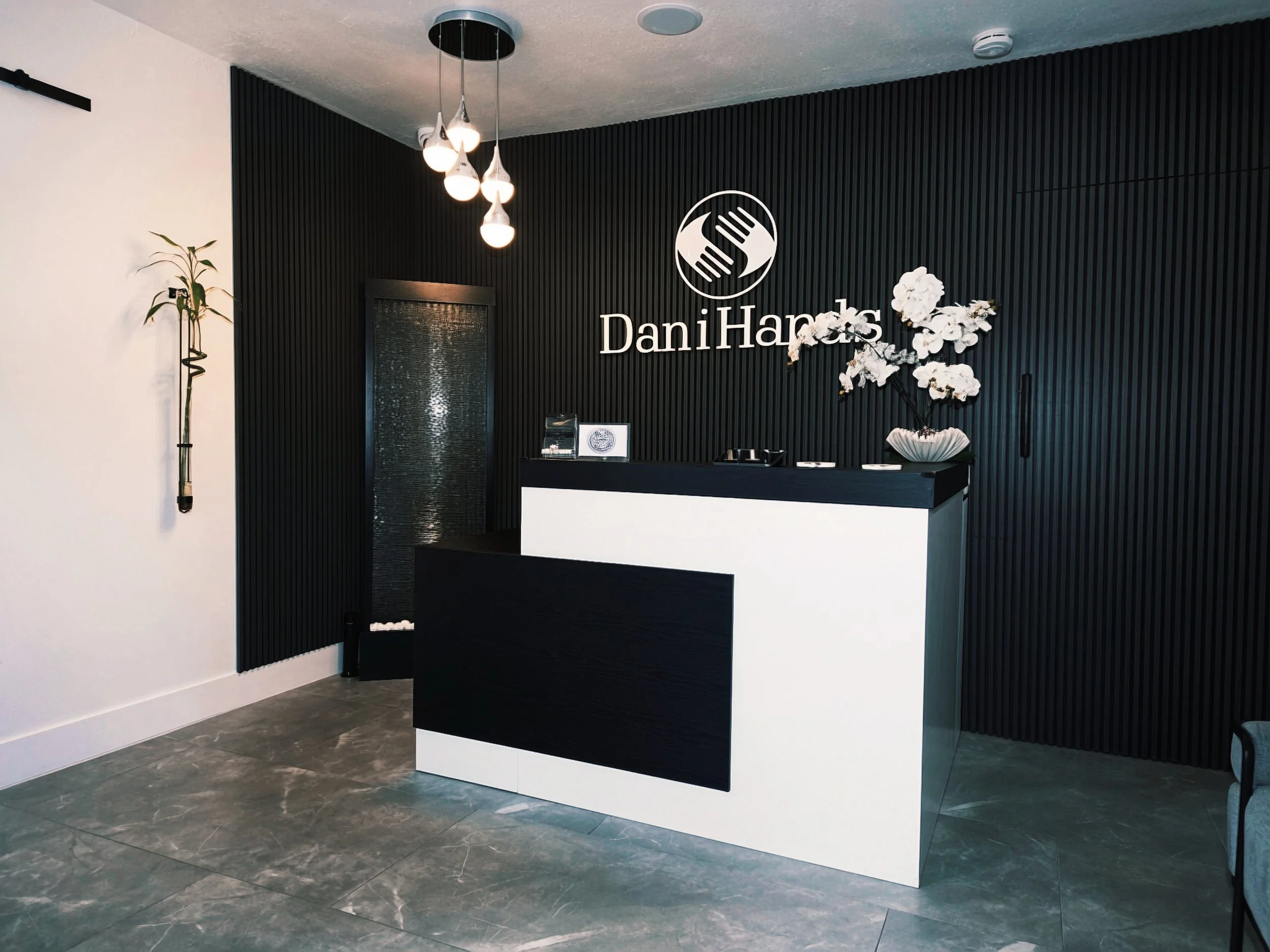 Modern reception area with black and white color scheme, featuring a black slatted wall with a white illuminated logo reading 'Dani Hadas'. A black and white counter is positioned in front of the logo, adorned with white orchid flowers in a decorativ