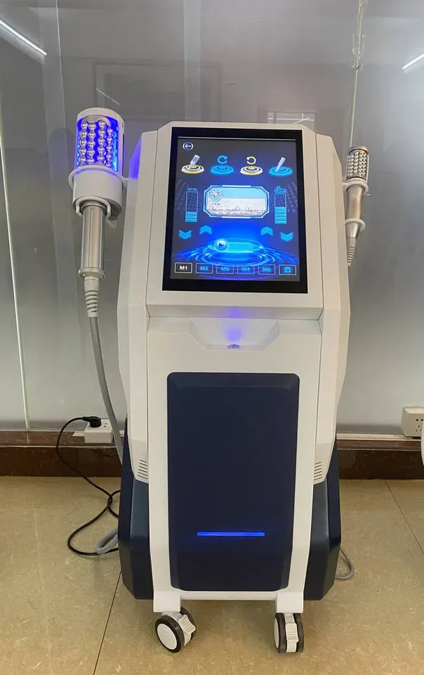 Medical or cosmetic laser device with digital display and two handheld laser tools mounted on sides, set on wheels for mobility.