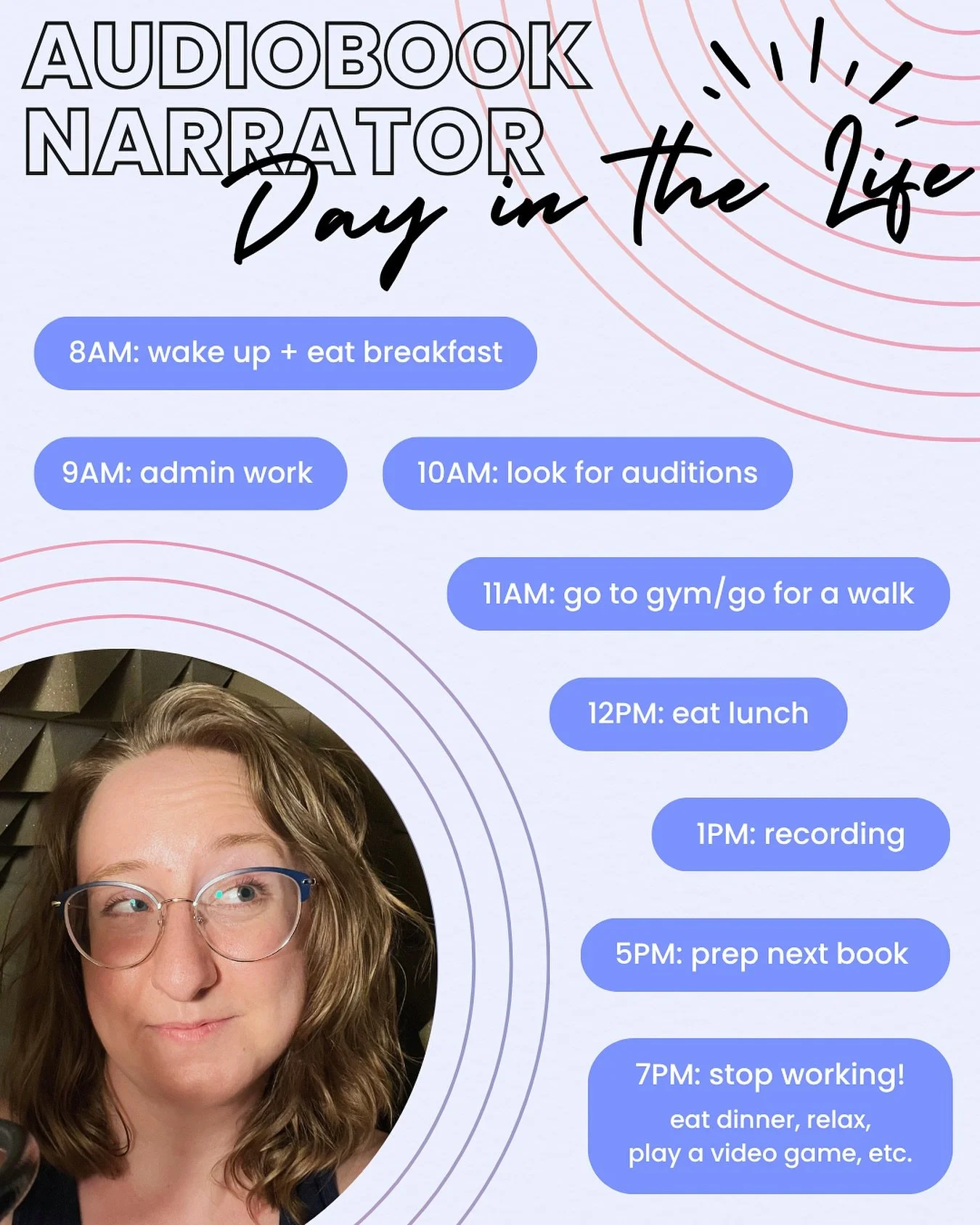 Seems like folks enjoyed the BTS of my audiobook prep, so here&rsquo;s a look at what my workday schedule can look like 🌟

Obviously, this isn&rsquo;t EVERY day &mdash; I&rsquo;m not a full time narrator yet, and I don&rsquo;t follow this schedule r