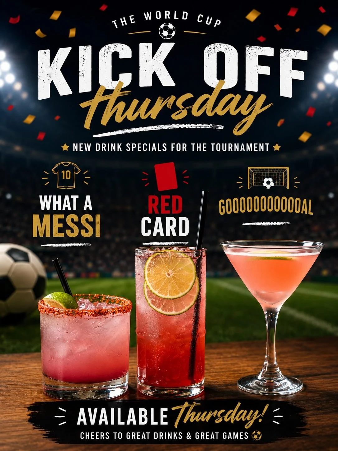 @r15bar World Cup season calls for team spirit. ⚽️
Meet the lineup:
🥃 What a Messi
🟥 Red Card
🥅 GOOOOOOOOOOAL
Making their debut next Thursday