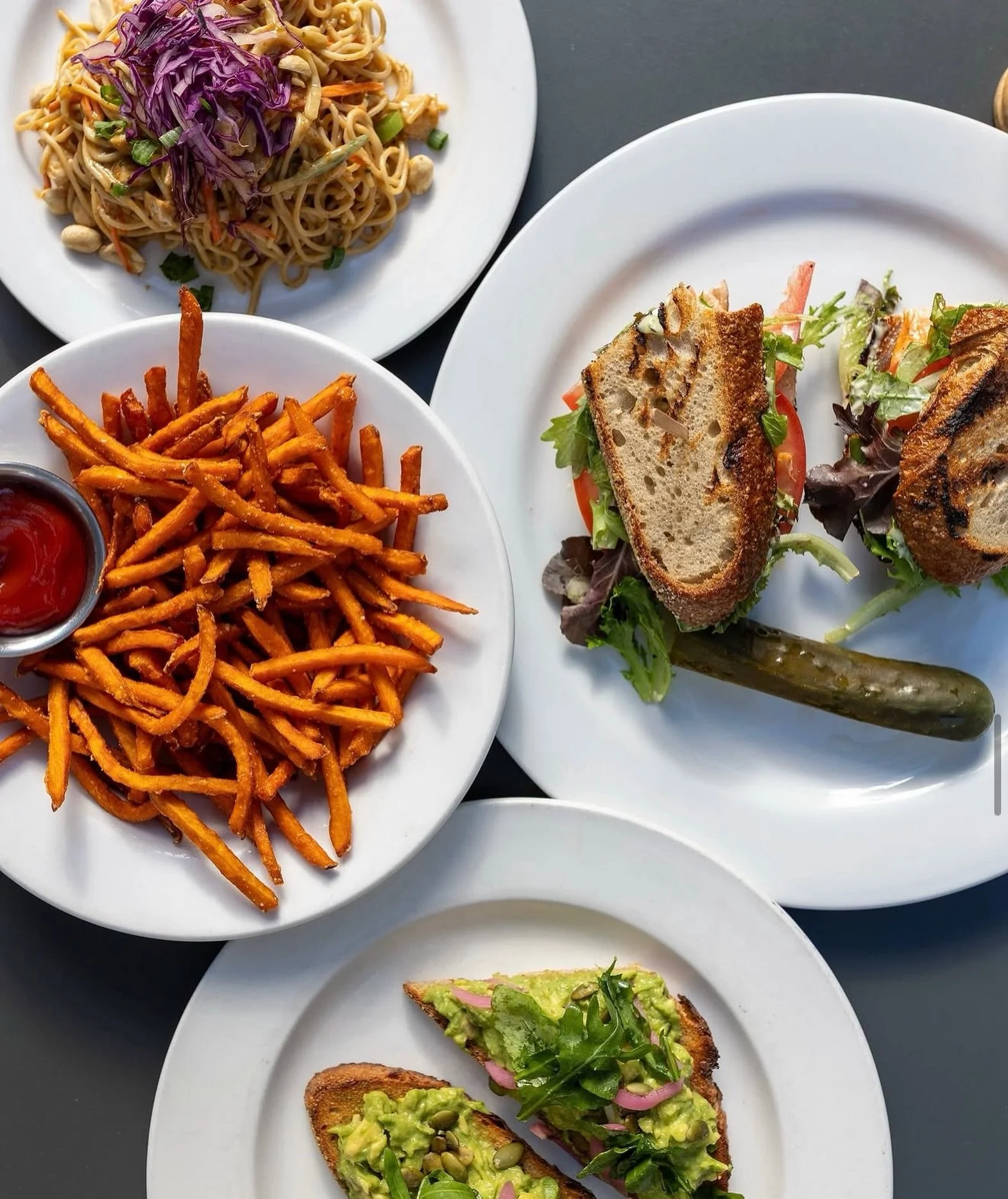 Lunch goals at Caf&eacute; Bernardo: Salmon BLT, sweet potato fries, avocado toast, and the Thai noodle salad&mdash;something fresh for every craving.