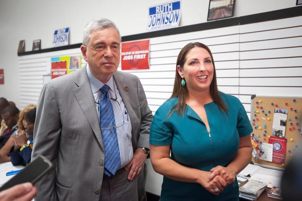 The perps - Ron Weiser, left, Michigan’s Republican Party chairman, with Ronna McDaniel, the Republican National Committee chairwoman. Mr. Weiser said the state party planned to subsidize a petition drive to collect the signatures necessary to circu…