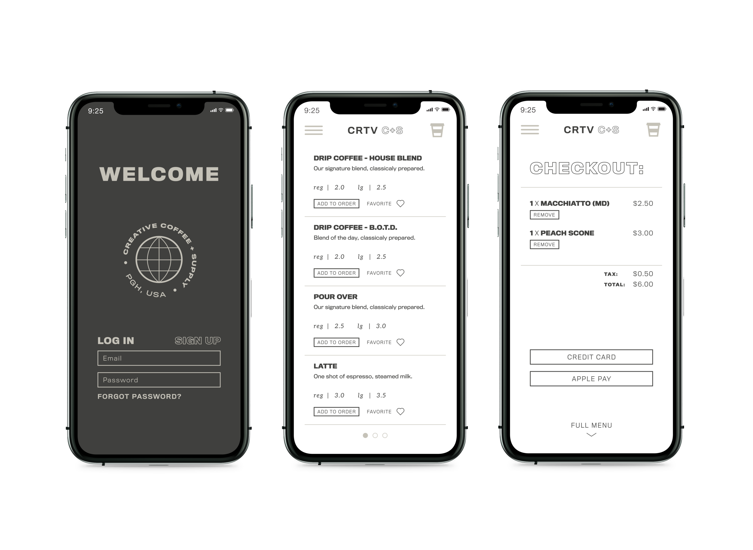 Login screen, menu items, and checkout screen