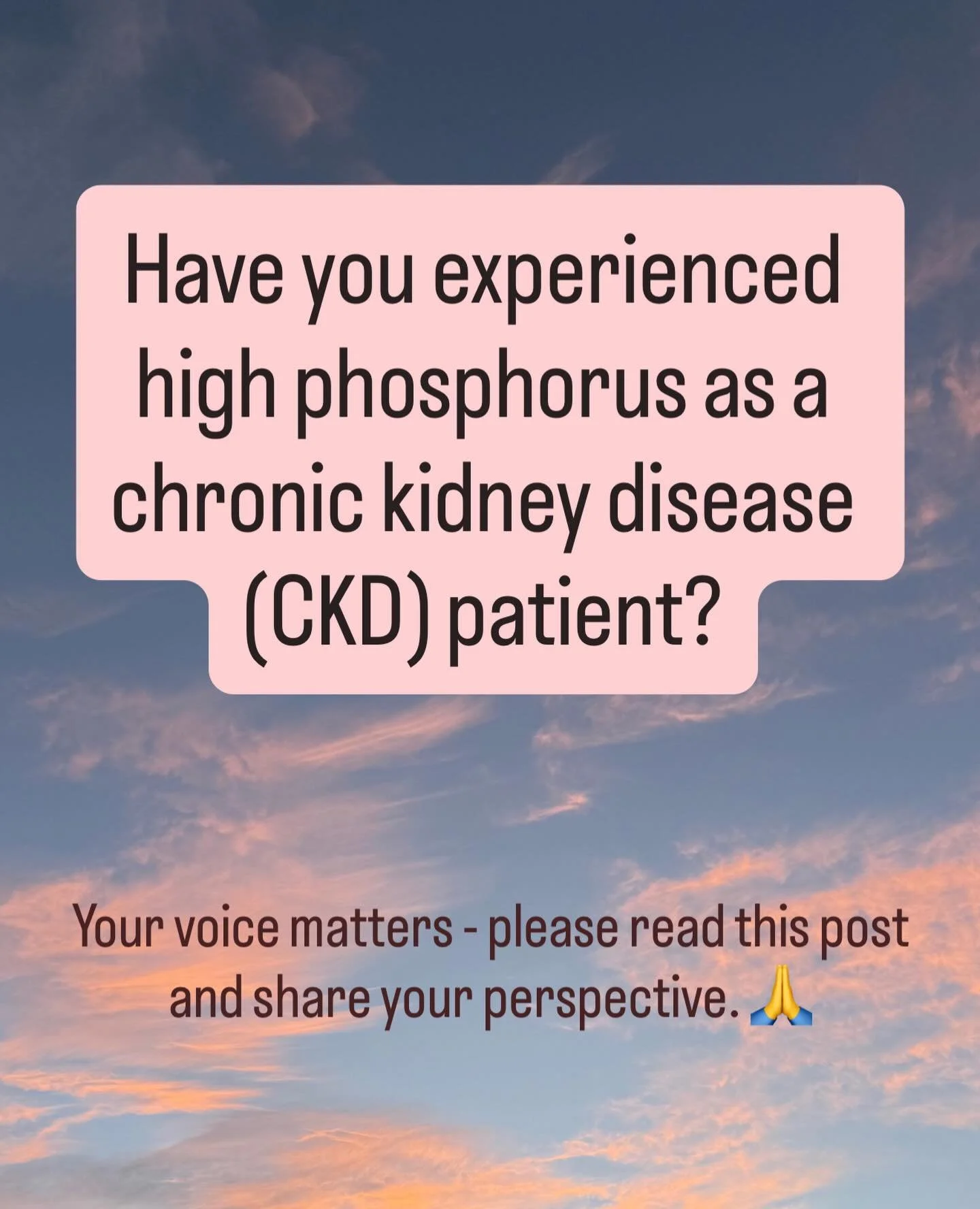 👋 CKD Community! I&rsquo;m filming an upcoming sit-down conversation with the CEO of a biotech company developing a therapy to treat high phosphorus in people with CKD on dialysis. I want this conversation to reflect the real concerns, questions, an