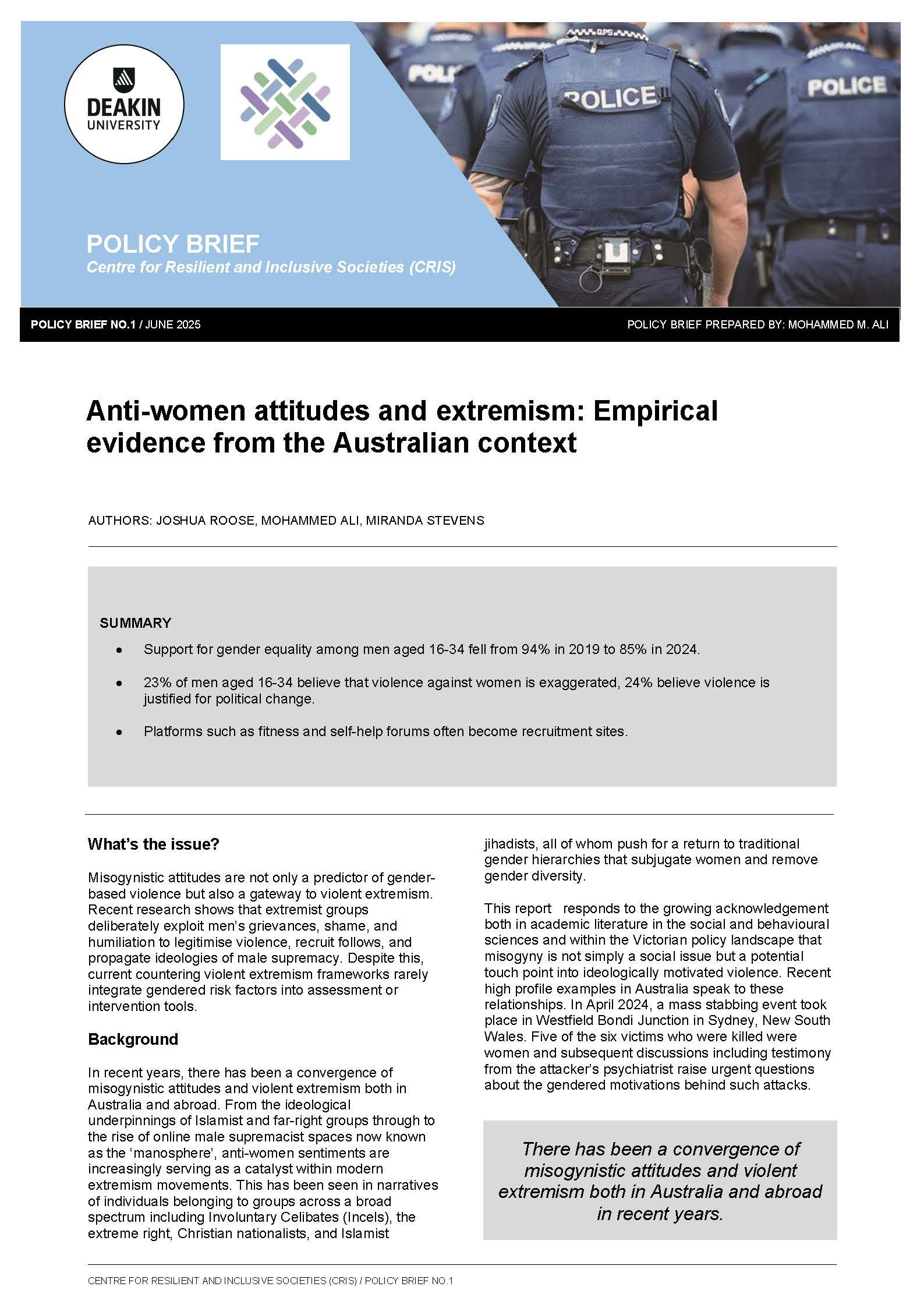 Policy Brief: Anti-Women Attitudes and Extremism: Empirical Evidence from the Australian Context