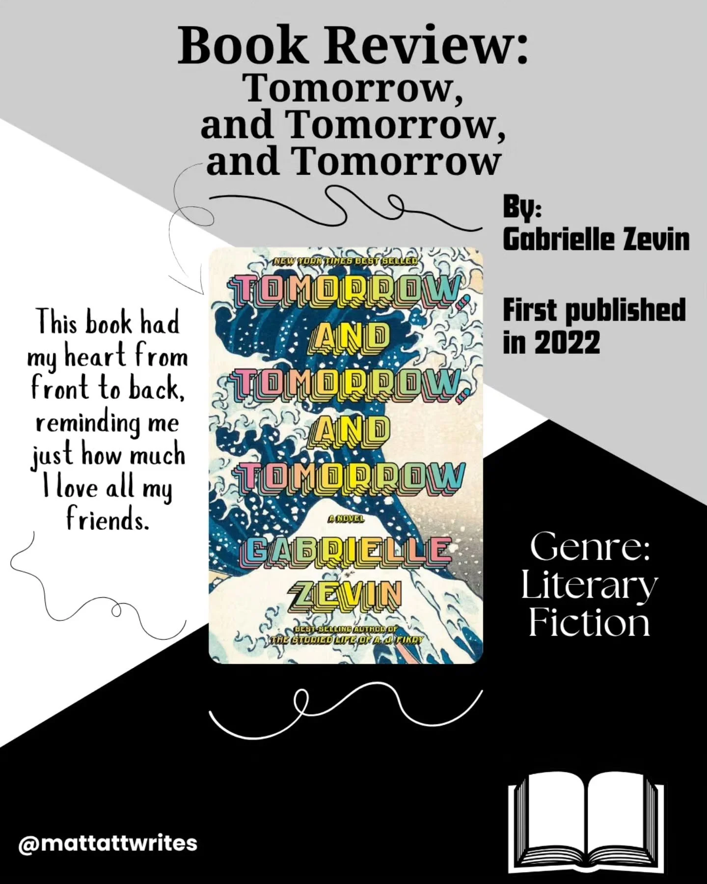 Beautiful. Simply beautiful.

Were it not for 'Project Hail Mary,' this would be my favorite book I've read this year.

Have you read 'Tomorrow, and Tomorrow, and Tomorrow'? If so, leave your thoughts in the comments!

#bookstagram #bookreview #books