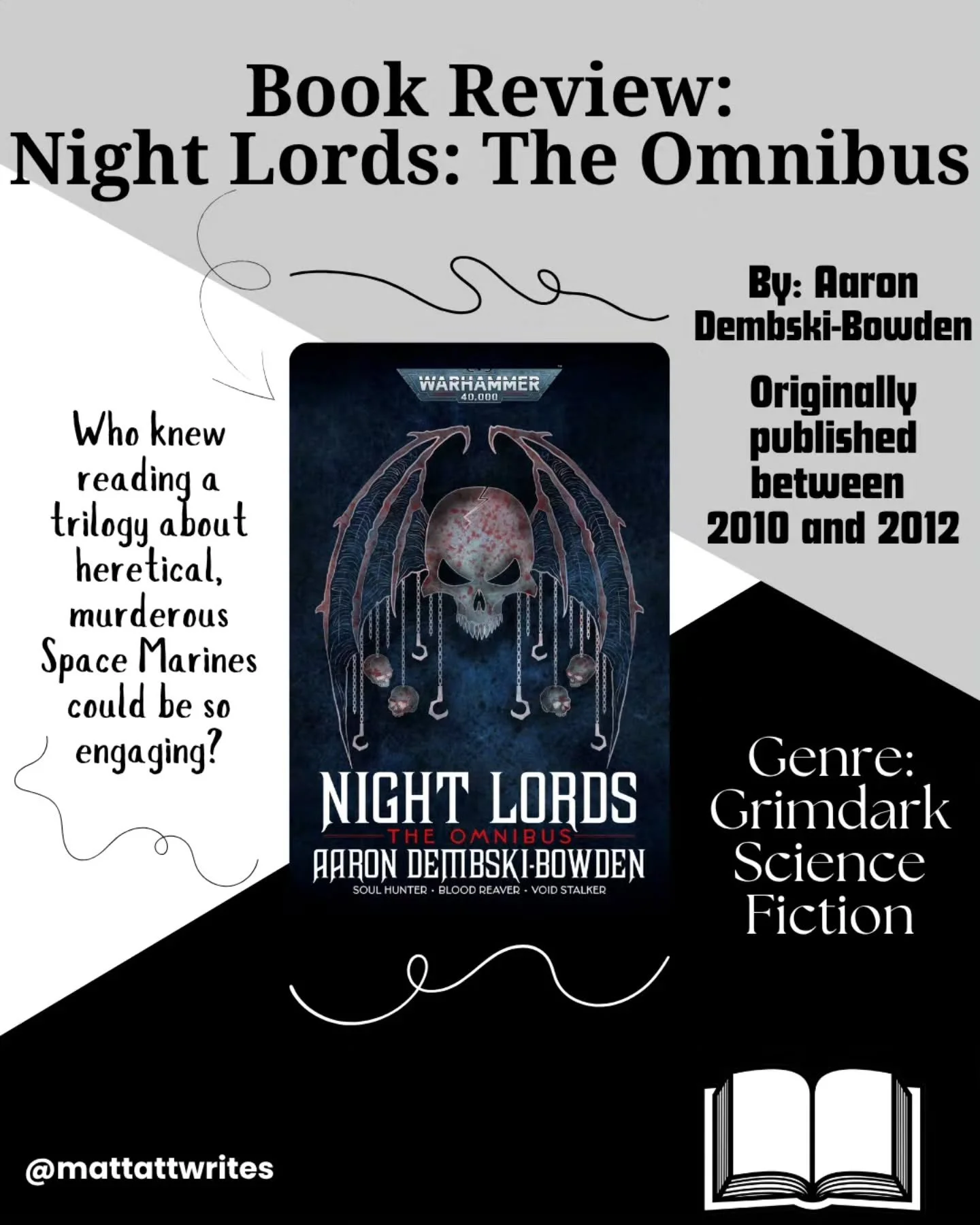 I'd heard a lot of great things about the Night Lords Omnibus from friends. Glad to report that it lives up to the hype.

If you're a Warhammer 40,000 fan, be sure to check out this series.

Have you read the Night Lords trilogy? If so, leave your th