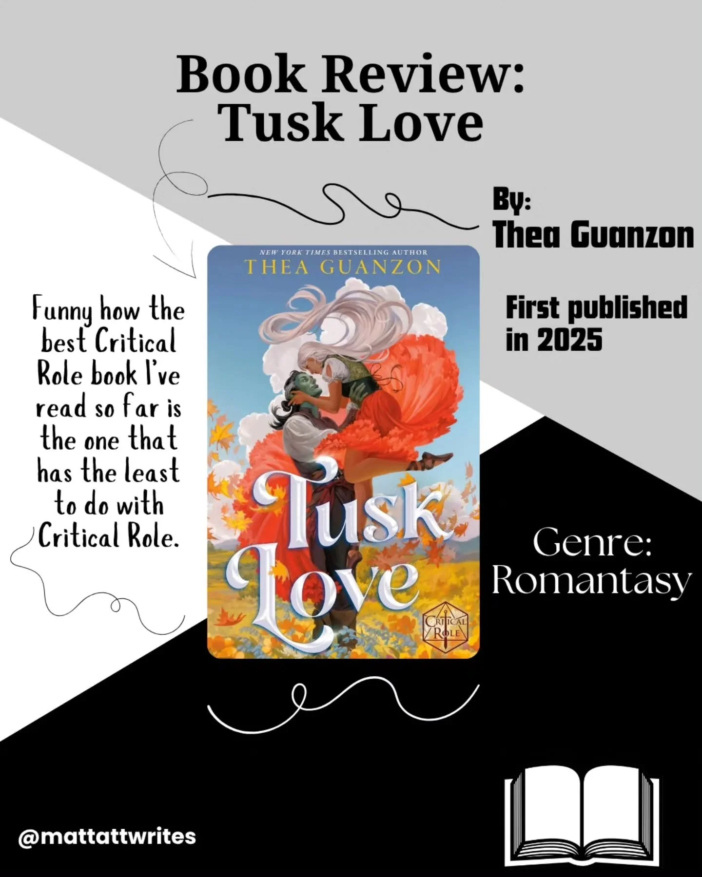 Who would've thought the best Critical Role book would be the smut book? 😂

Seriously, though, I'm surprised how much I enjoyed this one.

Have you read 'Tusk Love'? If so, leave your thoughts in the comments!

#bookstagram #bookreview #books #roman