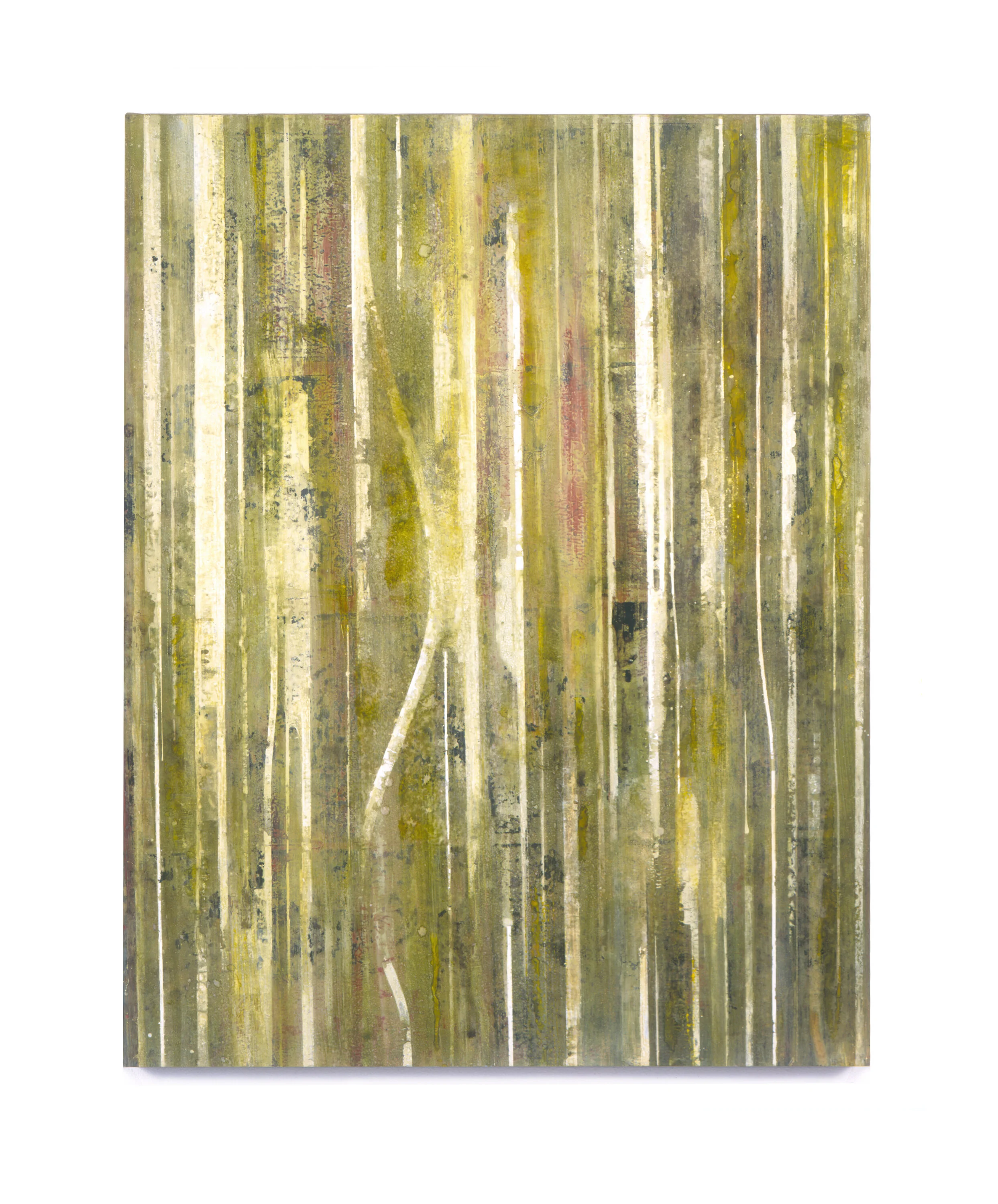  Fieldmarks XVI, 1994 Acrylic ink, watercolor and asphaltum on vellum, on linen, on wood panel 36” x 24” 