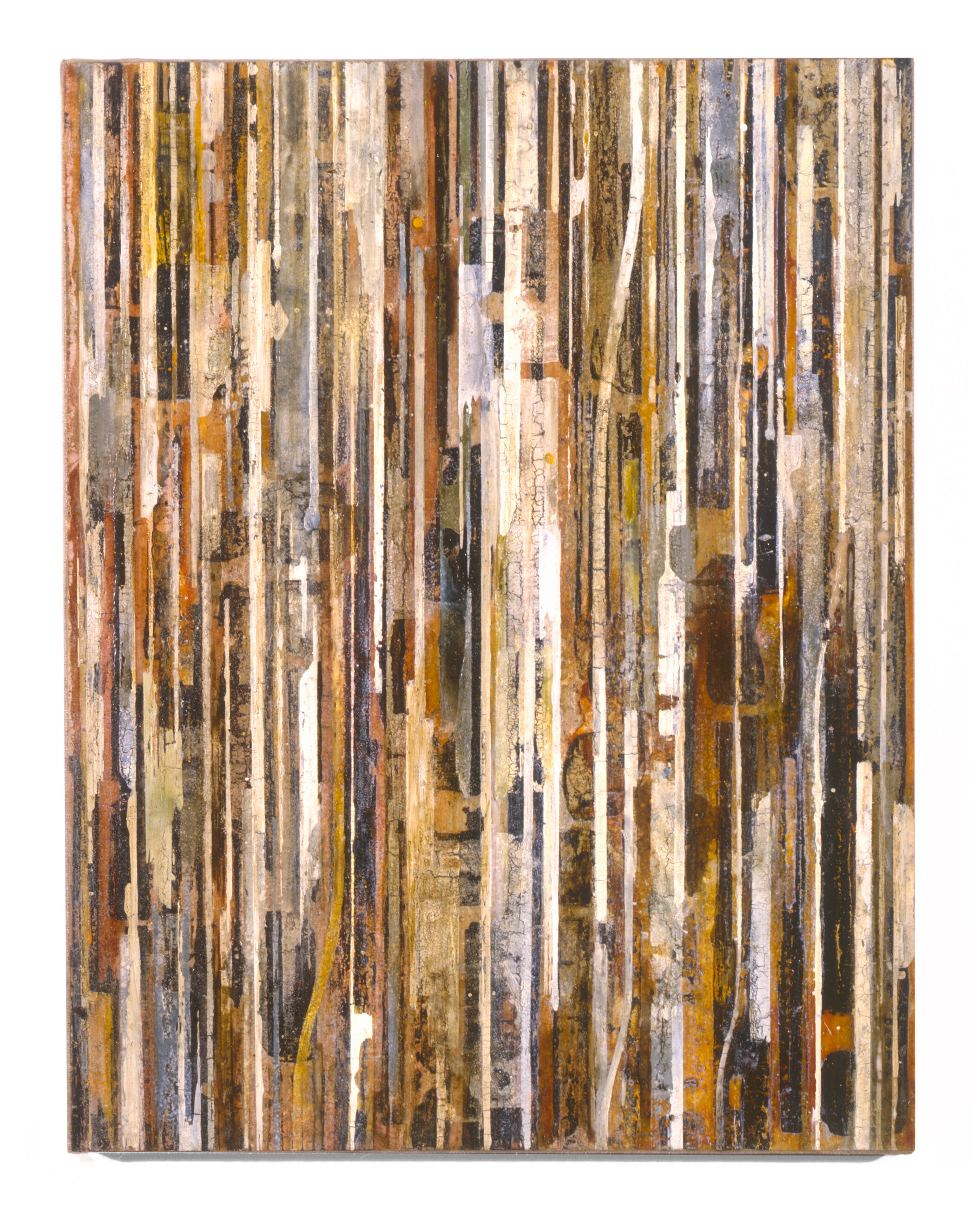  Fieldmarks, XIV Acrylic ink, watercolor and asphaltum on vellum, on linen, on wood panel 11” x 8.5” 