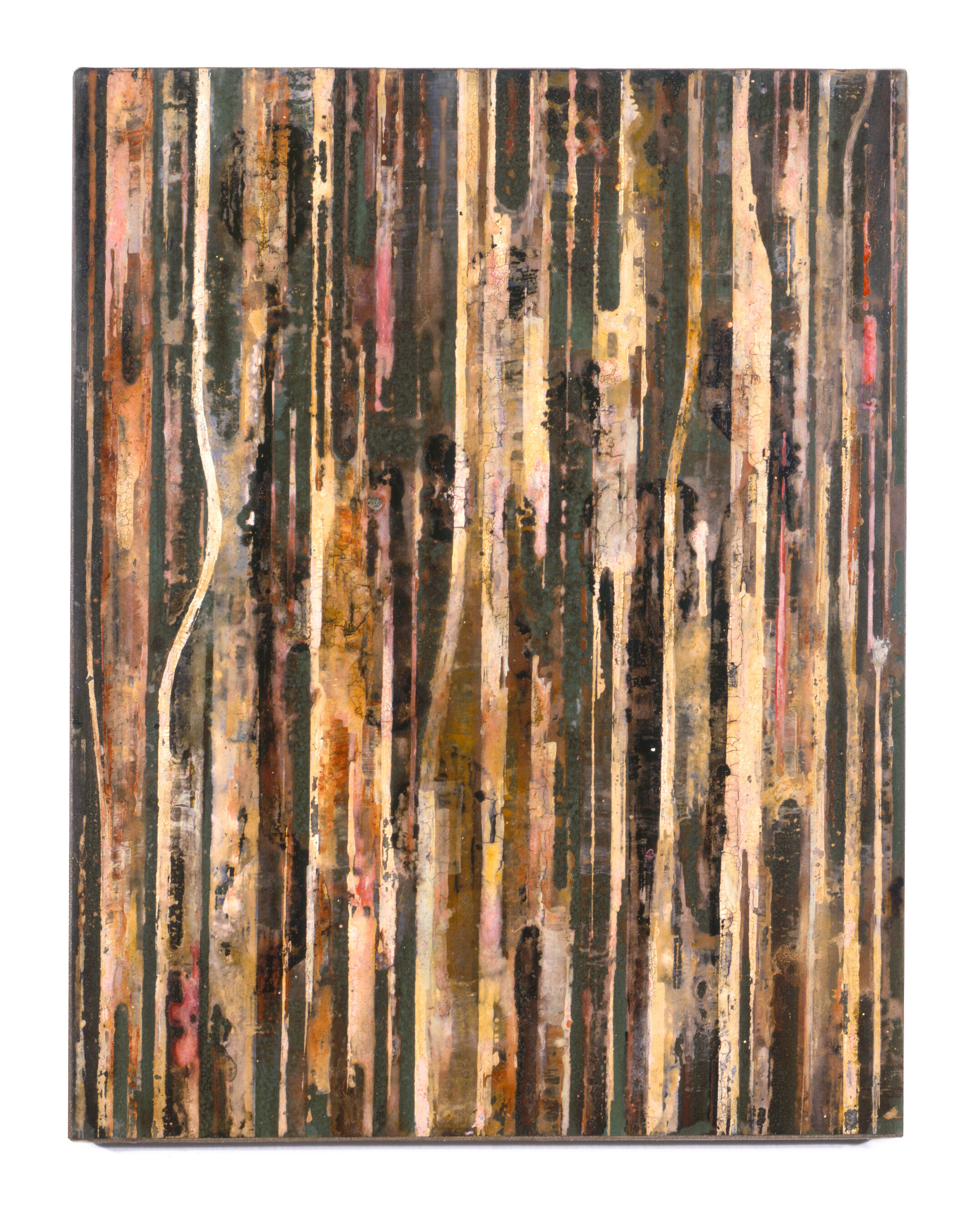  Fieldmarks 8, 1993 Acrylic ink, watercolor and asphaltum on vellum, on linen, on wood panel 11” x 8.5” 