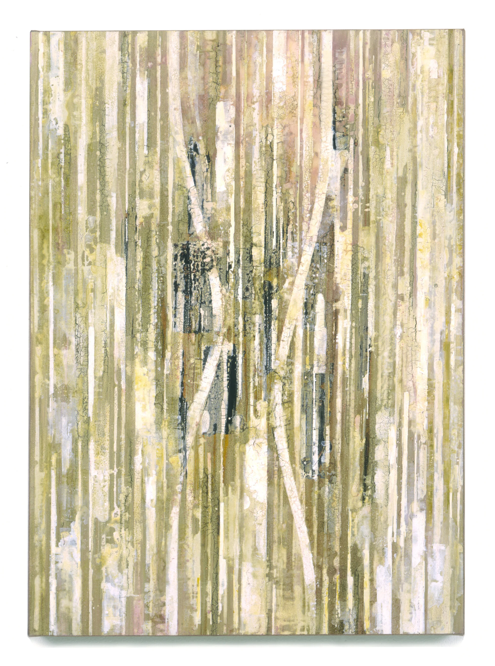  Fieldmarks XVII, 1994 Acrylic ink, watercolor and asphaltum on vellum, on linen, on wood panel 20” x 14” 
