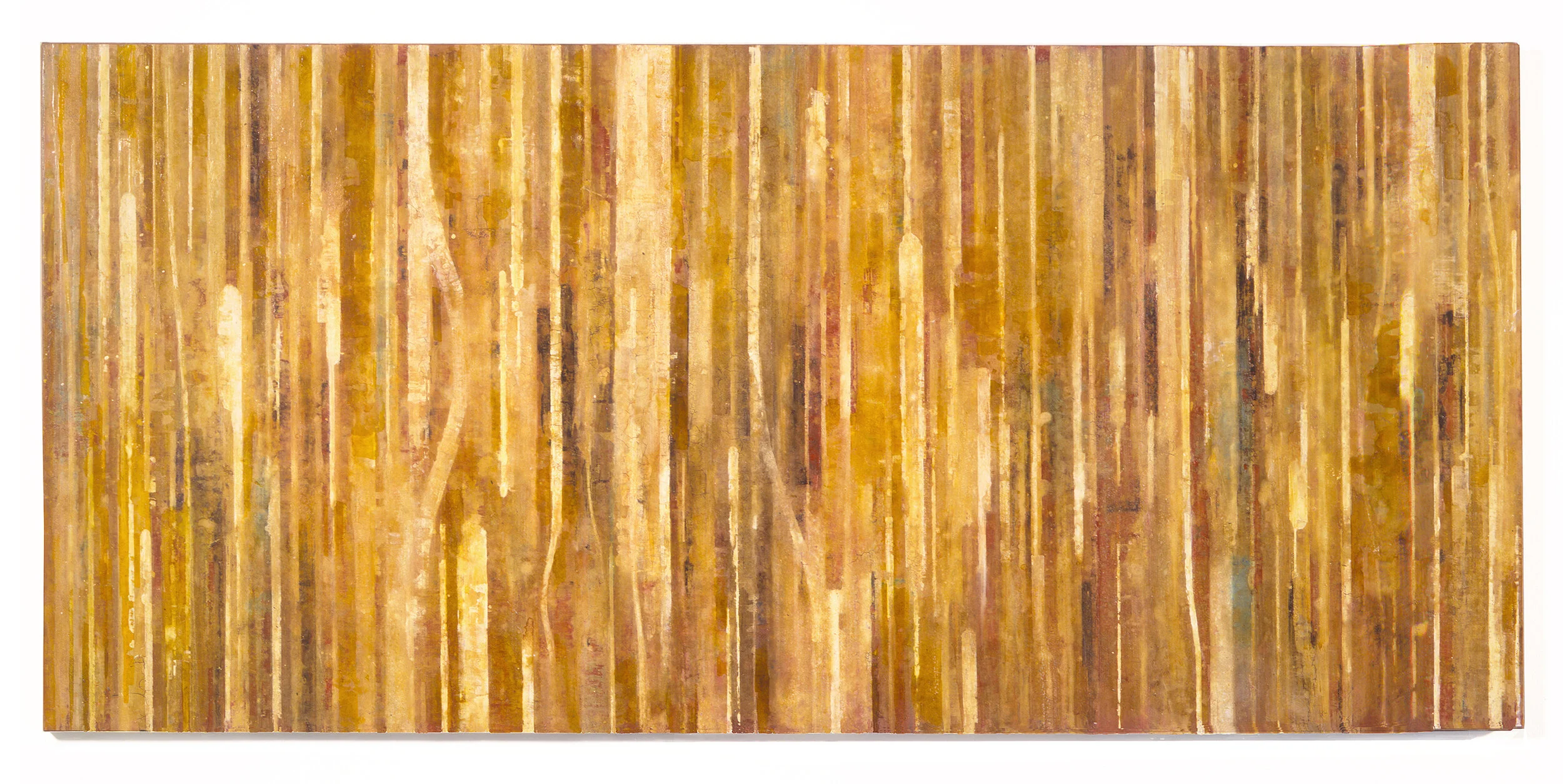  Fieldmarks (FMF), 2001 Acrylic ink, watercolor and asphaltum on vellum, on linen, on wood panel 20” x 42” 