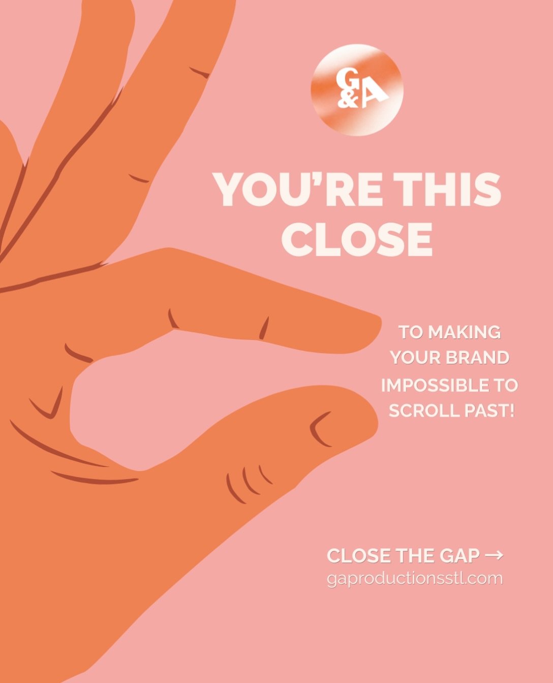 Behind every scroll-stopping brand is a creative team making it happen.

Lucky for you, there are two of us. 😉

You&rsquo;re this close. 🤏 Let&rsquo;s close the gap.
gaproductionsstl.com

#GandAProductions #STLCreatives #ContentCreation #SocialMedi