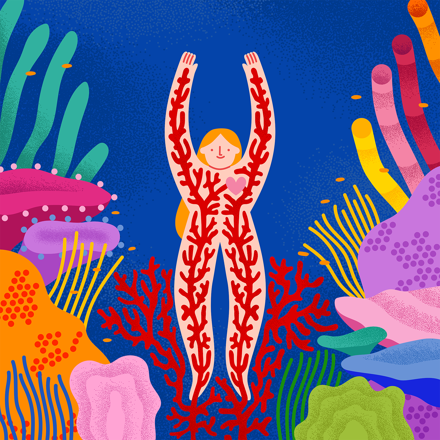 Illustration of a woman raising arms in coral environment, corals form veins in her body